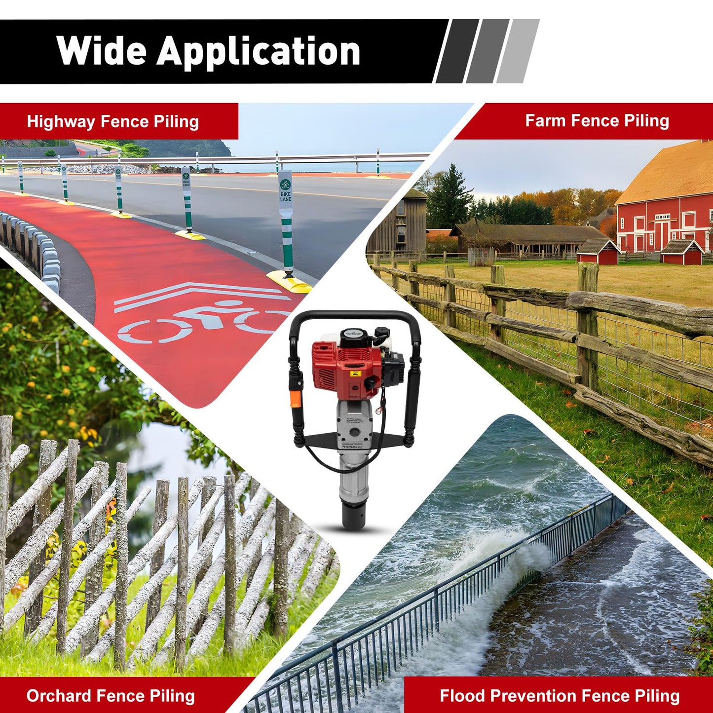 POIOKLJRE 52CC Gas Powered T Post Driver, 1900W Air-Cooled Petrol Piledriver w/Shock Absorption & 2 Socket Sizes (55/70mm), for Fencing & Solar