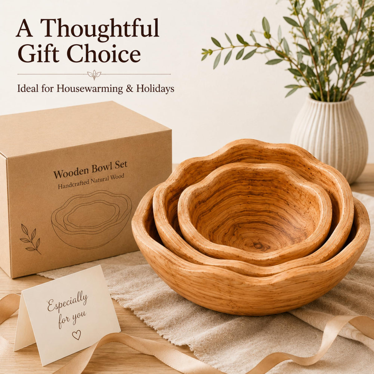 Hushee Set of 3 Wooden Bowls Decorative 8"-14" Handmade Natural Wood Fruit Bowl Creative 3 Sizes Rustic Keys Serving Wood Dish Decor for Entryway Kitchen Counter Bread Salad Snack Dough Candy Dish
