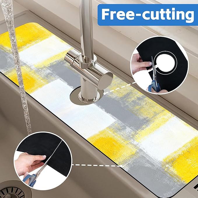 Grey and Yellow Abstract Kitchen Sink Splash Guard Mat Absorbent Fast Drying