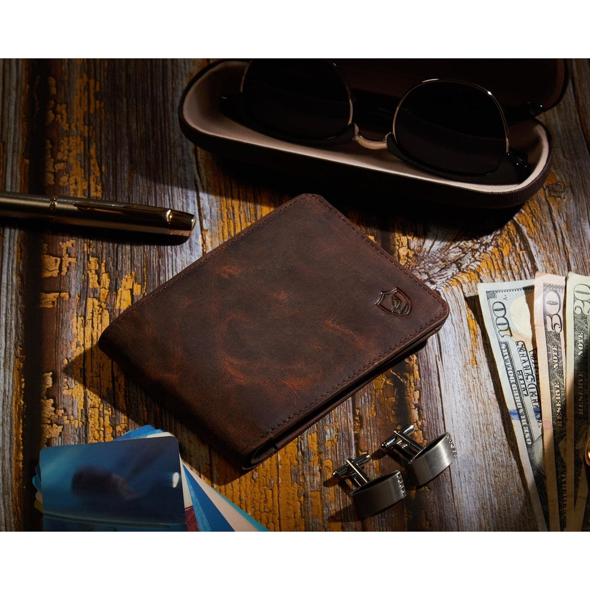 Cochoa Wallet for Men Bifold Leather RFID Blocking High Capacity Slim Card Case with 2 ID Window for Gift (Crazy Horse, Cognac)