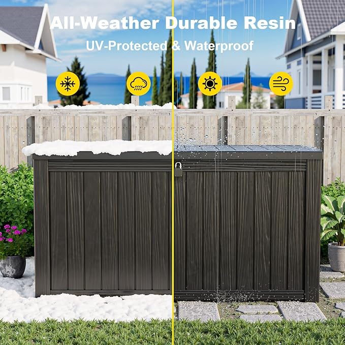ROJIK 180 Gallon Outdoor Storage Box Waterproof-Patio Furniture Resin Deck Box, Garden Tools, Cushions, Pool Accessories Storage Bench with Lockable Lid and Side Handles (Black, 180 Gal)
