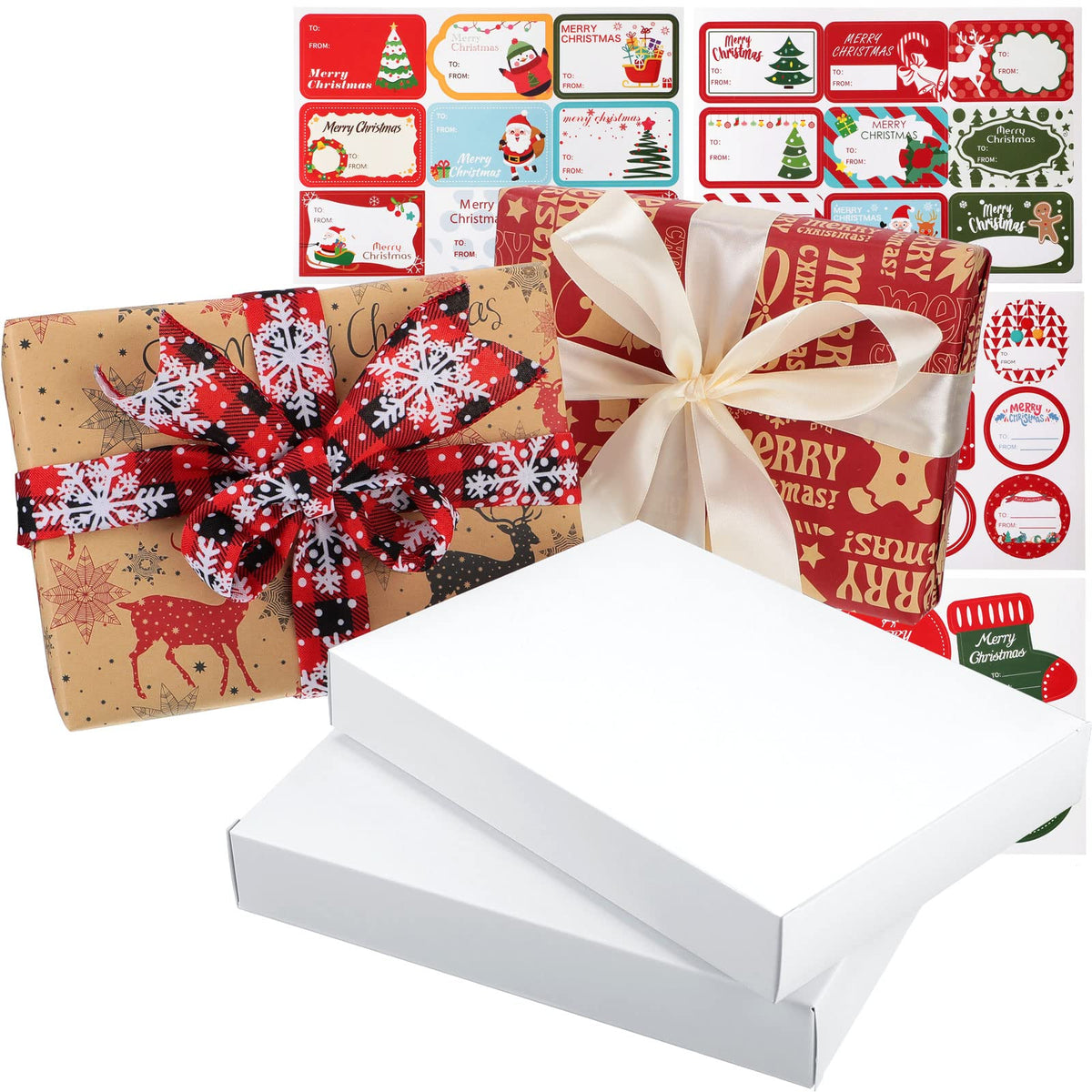 Marspark 20 Pieces Christmas White Gift Wrap Boxes with Lids 9 x 6.7 x 1.4 Inch for Wrapping Clothes and 6 Sheets Tag Stickers for Holidays Birthday Gifts