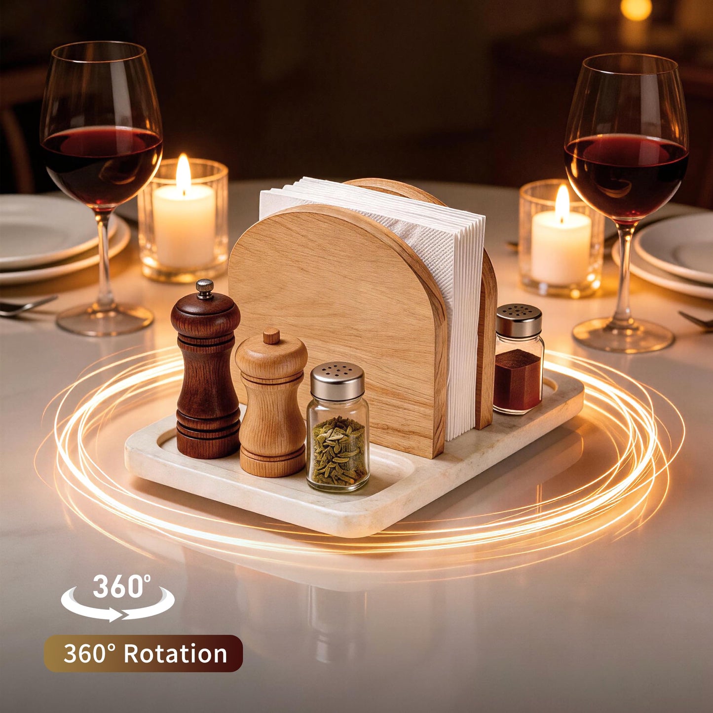 Joapsinn Rotating Napkin Holder for Table, Napkin Dispenser with Marble Base & Wood Divider, Napkin Holder with Salt and Pepper Shakers Caddy for Kitchen Dinner Table Decor - Shakers Not Included