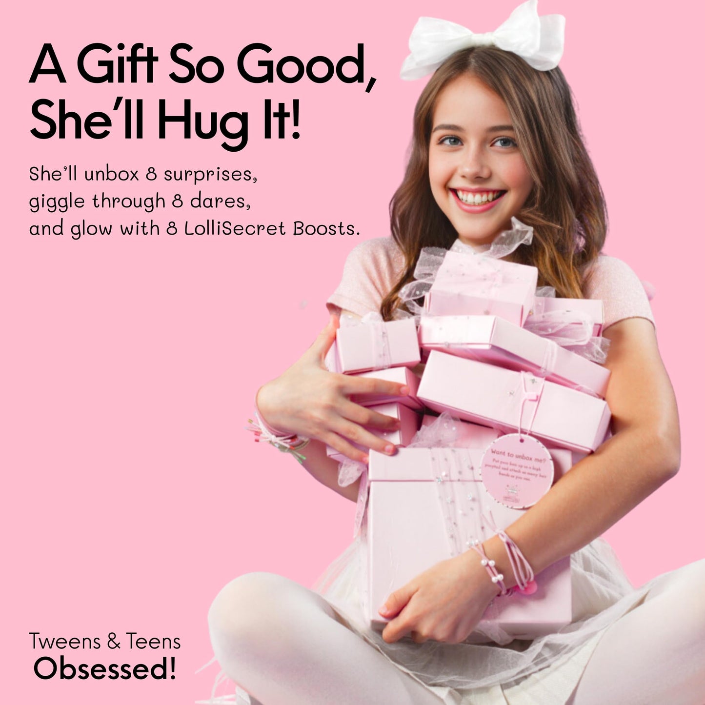 HAPPY LOLLI Pink LolliBox Gift Set for Tween & Teen Girls Ages 8–15, Birthday Gift Box, Ready-to-Gift Surprise Box with 8 Individually Wrapped Gifts & Empowering Challenges