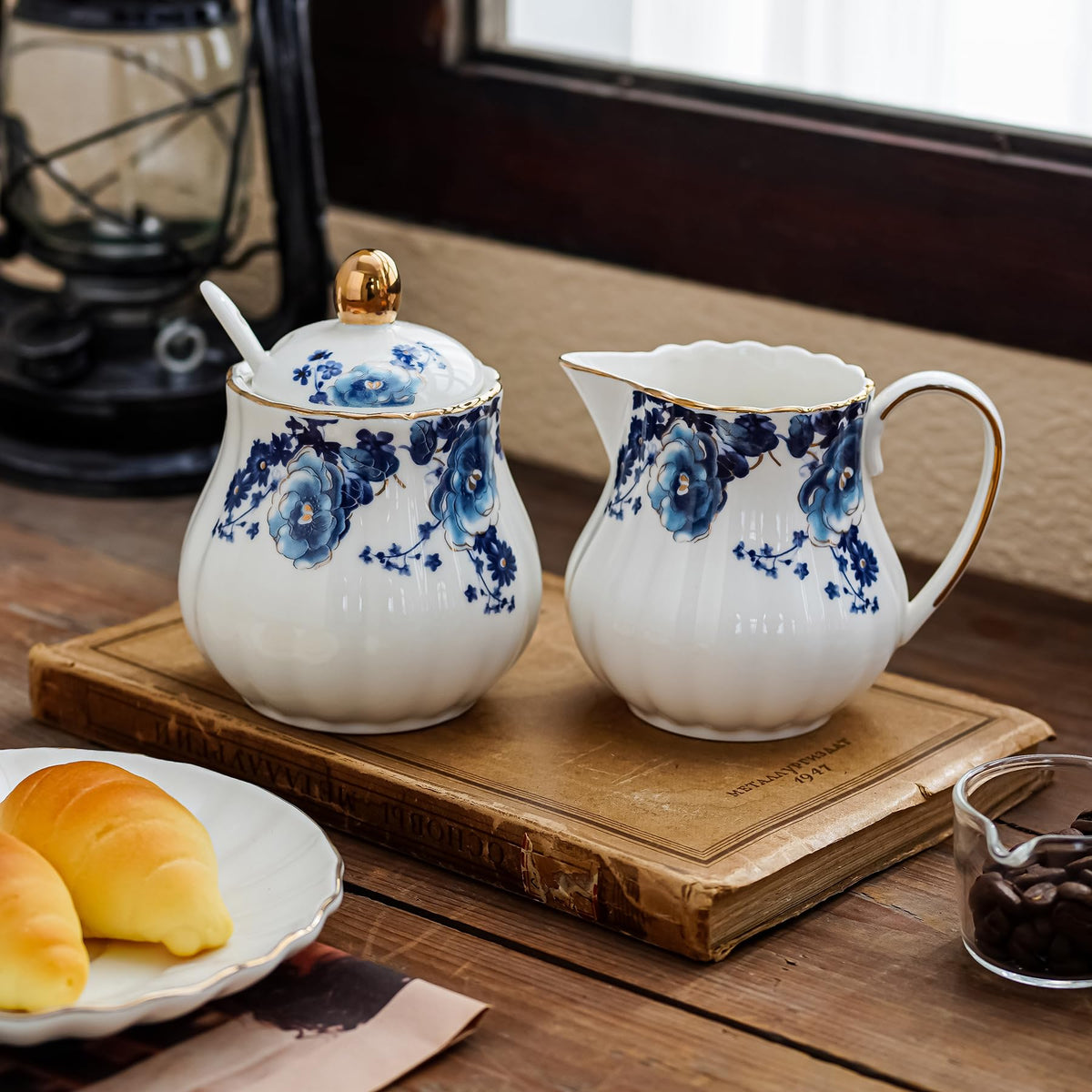 Agyiuns Ceramic Sugar and Creamer Set, 3 Piece with Cream Pitcher, Sugar Bowl with Lid and Spoon,Coffee and Tea Serving Set (White with blue flower)