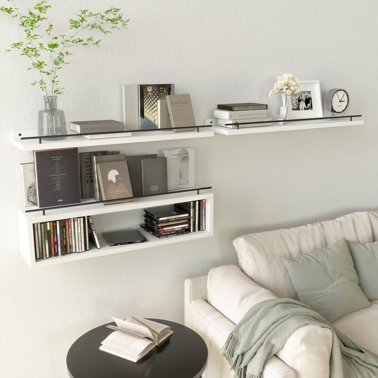 WOPITUES Floating Shelves for Wall 24 inch with Cube Shelf, Wall Shelves with Metal Rail for Bathroom Decor, Bathroom Organizers and Storage, Over Toilet Shelves, Toilet Paper-White