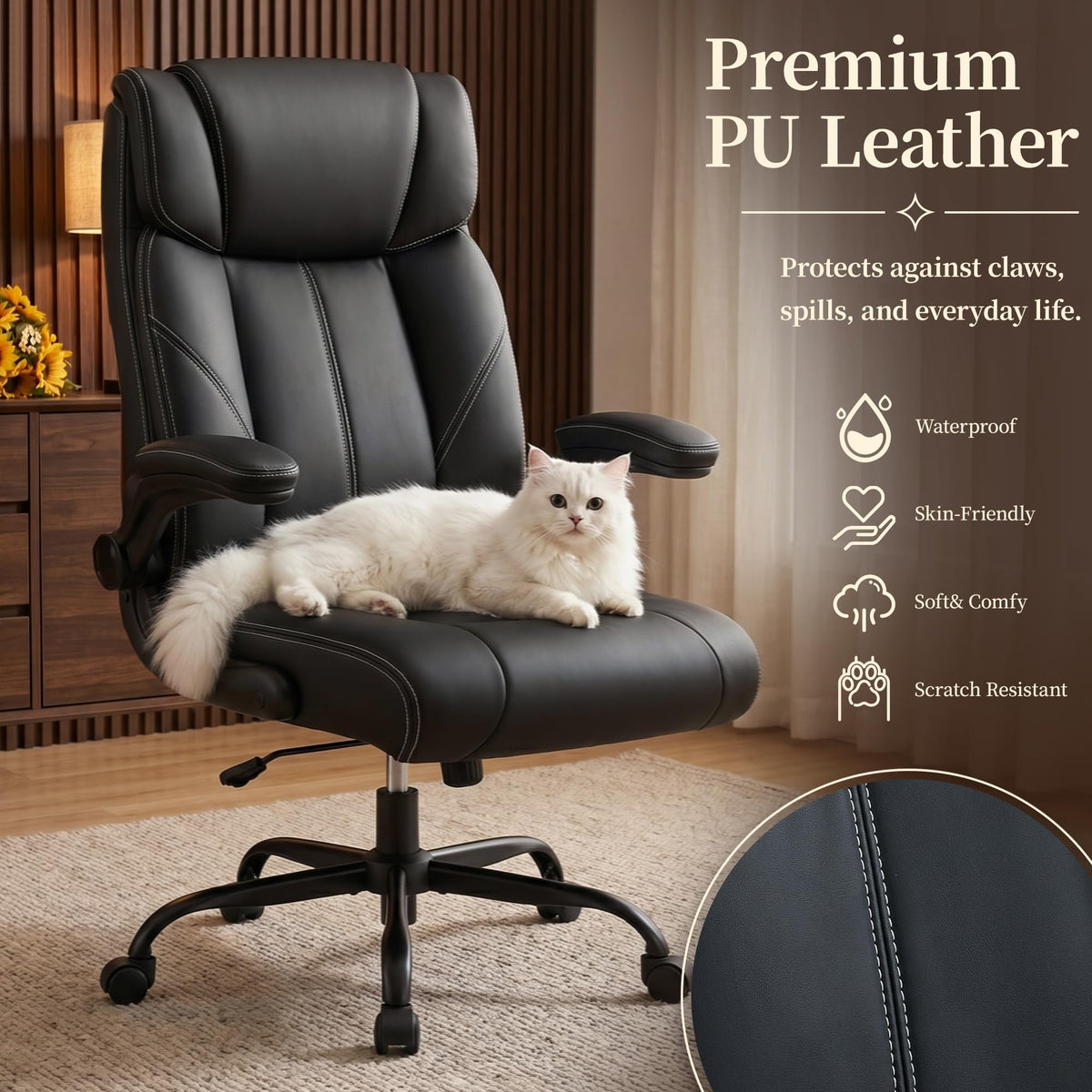 OwgeinSet Office Chair, Leather Ergonomic Computer Desk Chair with Rocking Function, High Back Executive Home Office Chair with Adjustable Flip-up Armrests, Lumbar Support, 360Β° Swivel, Black