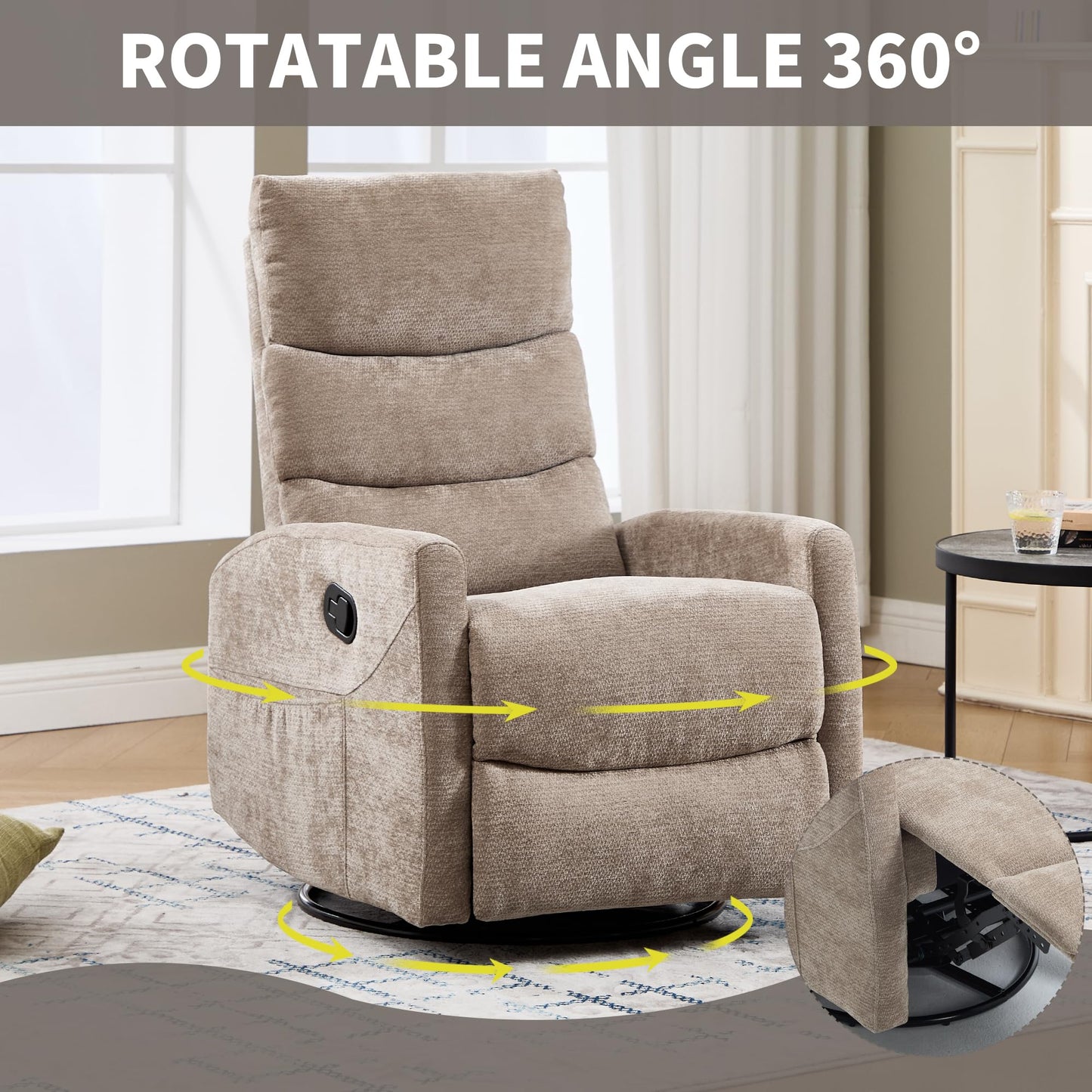 KEIKI Heat Massage Manual Recliner Chair, 360° Swivel Rocker with Lumbar Heat, Chenille Fabric Square Arms, Vibration Massage 8-Point Nodes, Heavy Duty Metal Base for Living Room Primary Space, Khaki