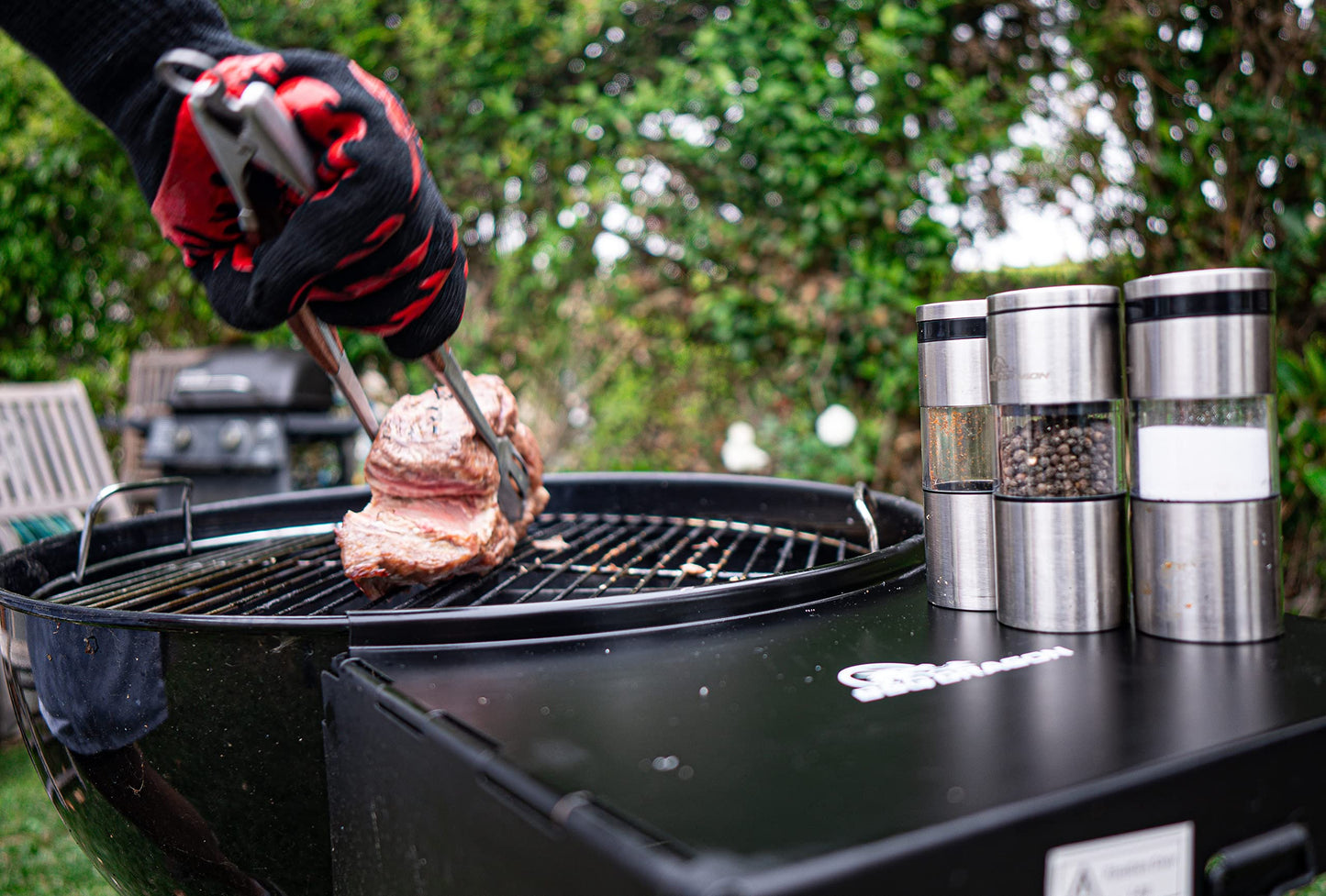 BBQ Dragon 3 Piece Salt and Pepper Shakers Set – Magnetic Stainless Steel Dispensers with Refillable Grinder – Adjustable Lids for Kitchen, Grill and Outdoor Cooking