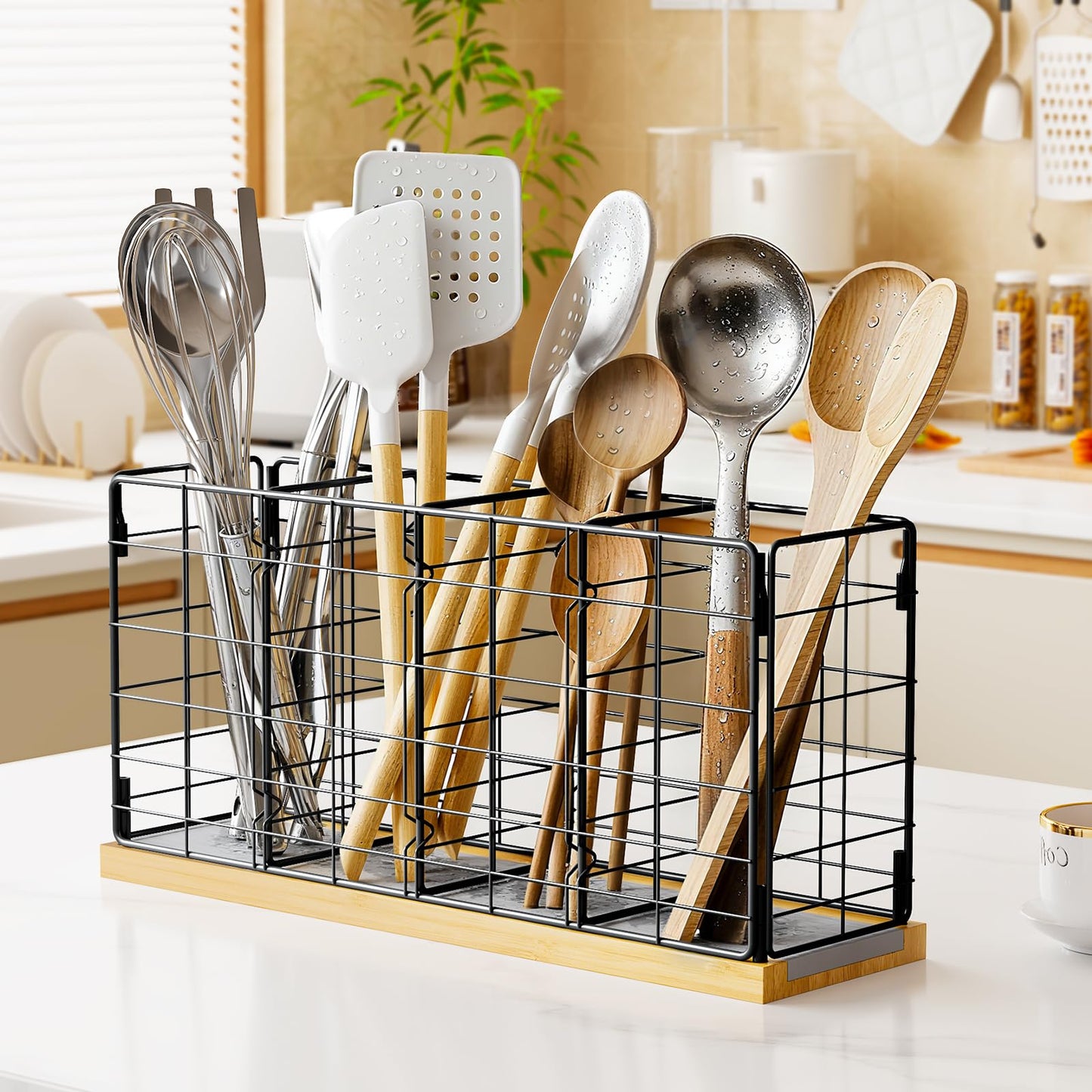 NiHome Metal Kitchen Utensil Holder with Diatomaceous Earth Base, Fast Drying & Odor Control, Large 4-Compartment Utensil Caddy for Spatulas, Tongs, Whisks, Rustproof Organizer with No Scratch Bottom