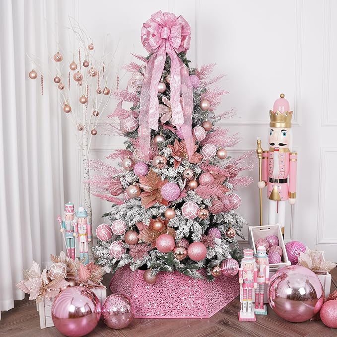 6pcs 3.94" Christmas Ball Ornaments Glitter Shatterproof Christmas Tree Ornaments Sequin Xmas Hanging Balls Decorations for Wedding Party Holiday(Pink)