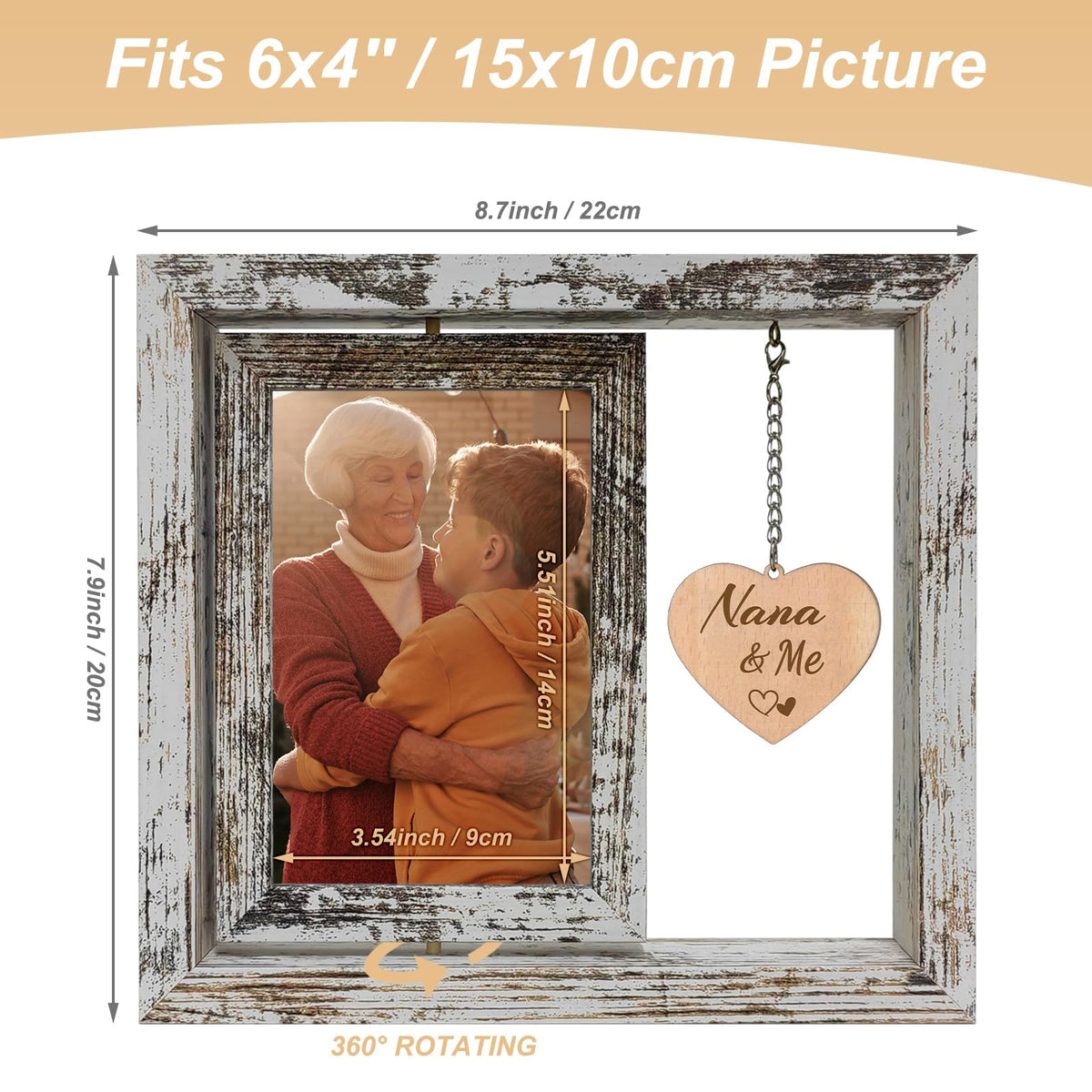 soruney Nana Picture Frame 4x6 Rotating Double Sided Wooden Photo Frame - Nana Gifts from Grandkids for Mother's Day Christmas, Rustic Frame with Nana & Me Charm