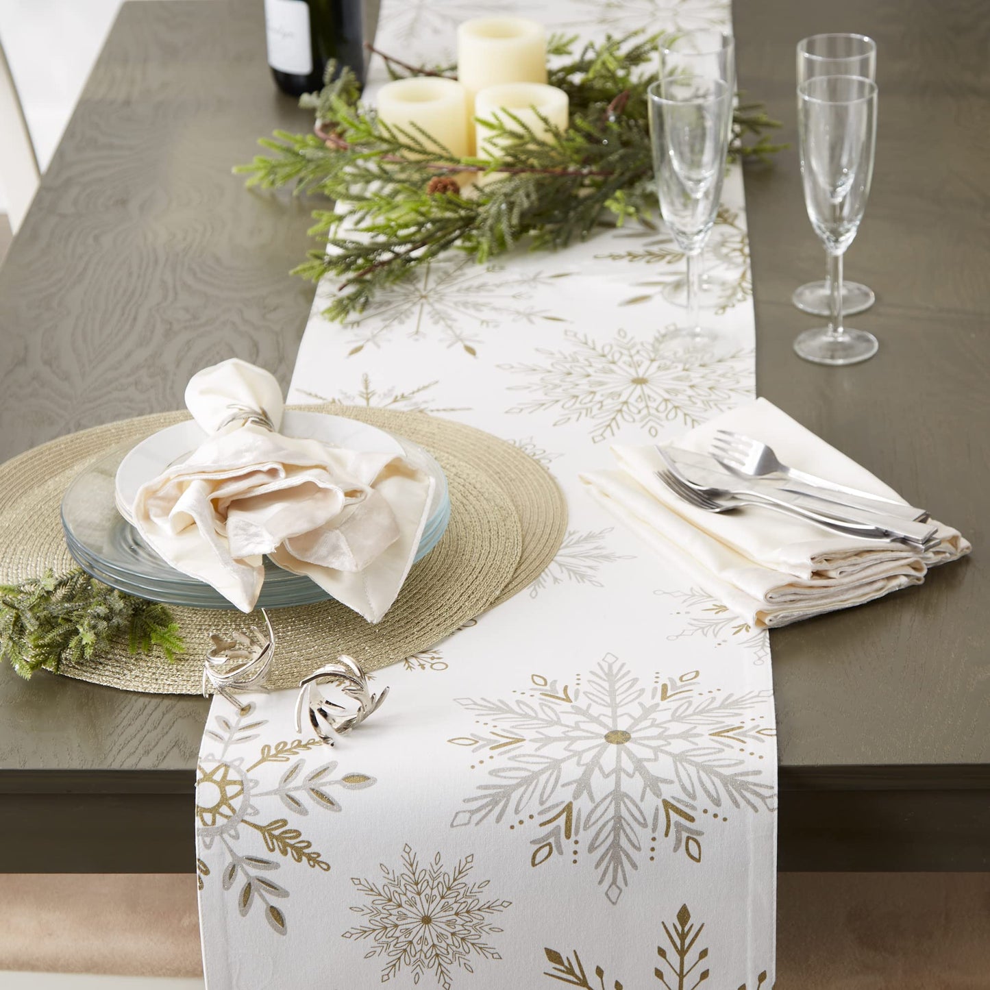 DII Holiday Dining Table Linen Sparkle Metallic Kitchen Décor, Table Runner, 14x72, Snowflakes Print