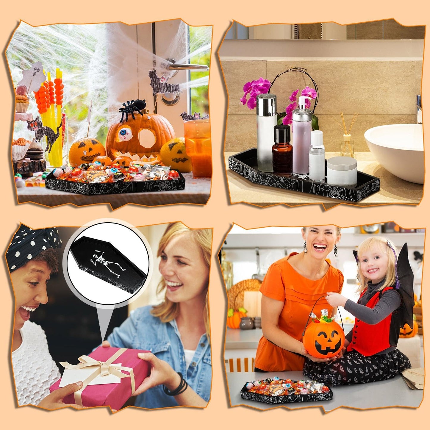 Teenyyou 15.7 x 7.8 Inch Halloween Coffin Charcuterie Boards with Skeleton Spider Web Decor Black Wood Coffin Serving Trays and Platters Halloween Candy Bowl Gothic Serving Box for Party Supplies