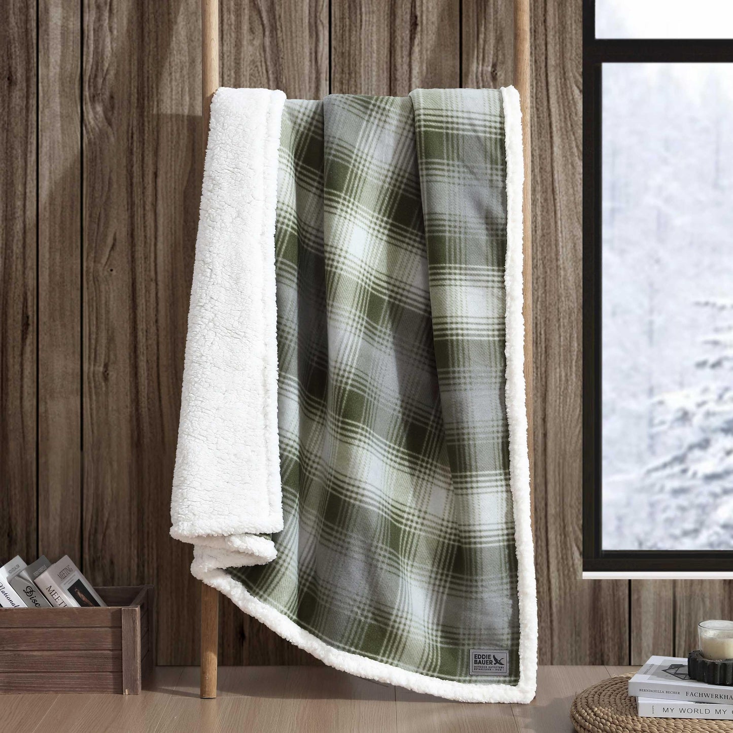 Eddie Bauer - Throw Blanket, Brushed Fleece & Plush Sherpa Soft Blanket, Throw Blanket for Couch & Bed (Nordic Plaid Green, 50" x 70")