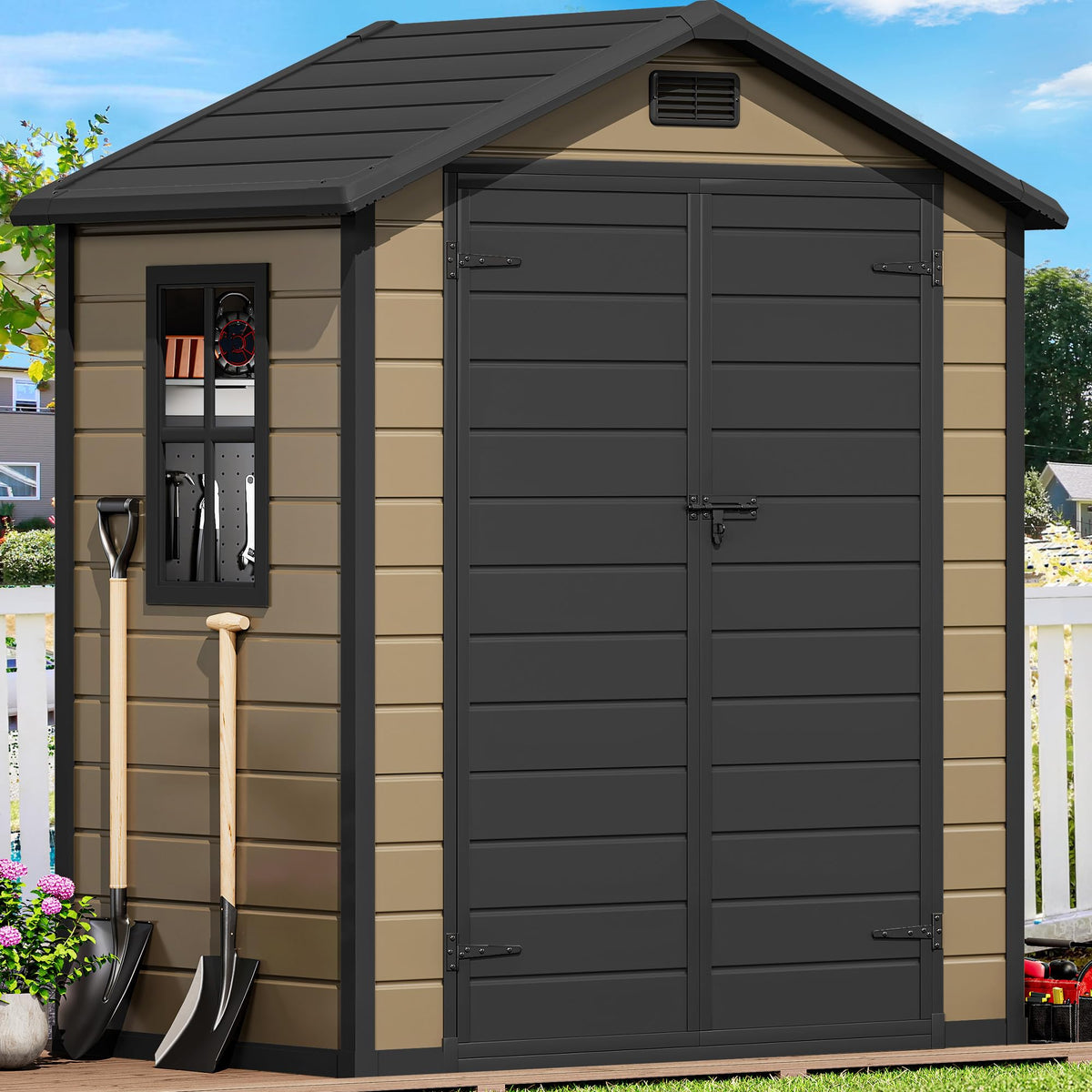 DWVO 6x4 FT Outdoor Resin Storage Shed with Reinforced Floor, All-Weather Bike Storage Shed with Lockable Door, Window and Vent, Waterproof Plastic Tool Storage for Garden, Backyard, Patio, Lawn