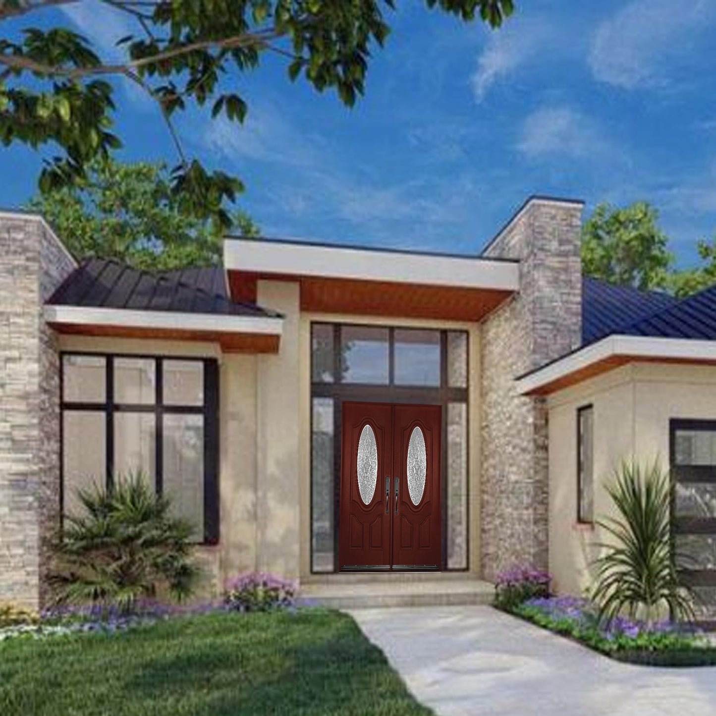 BGW Doors Mahogany Finish Fiberglass Double Front Entry Door with Oval Glass, Prehung Pre-Finished Exterior Door, Right Inswing, FD800D-30x30x80