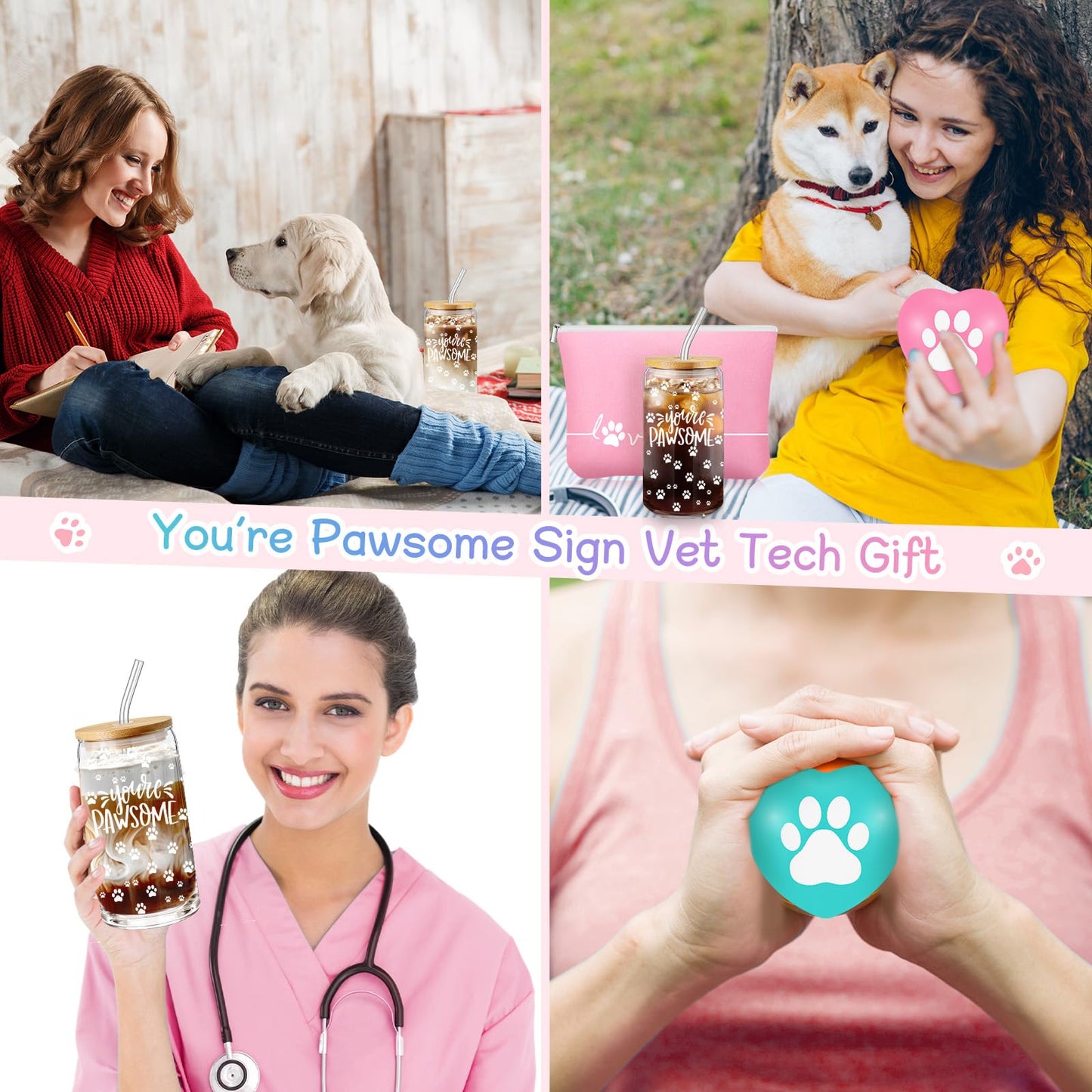 Sliner 2 Sets Veterinary Receptionist Week Gift for Women Inspirational 16 oz Glass Cups with Lid Makeup Bag with Stress Toy Vet Tech Assistant Dog Lover Cat Groomer Gifts Must Haves (Fresh Color)