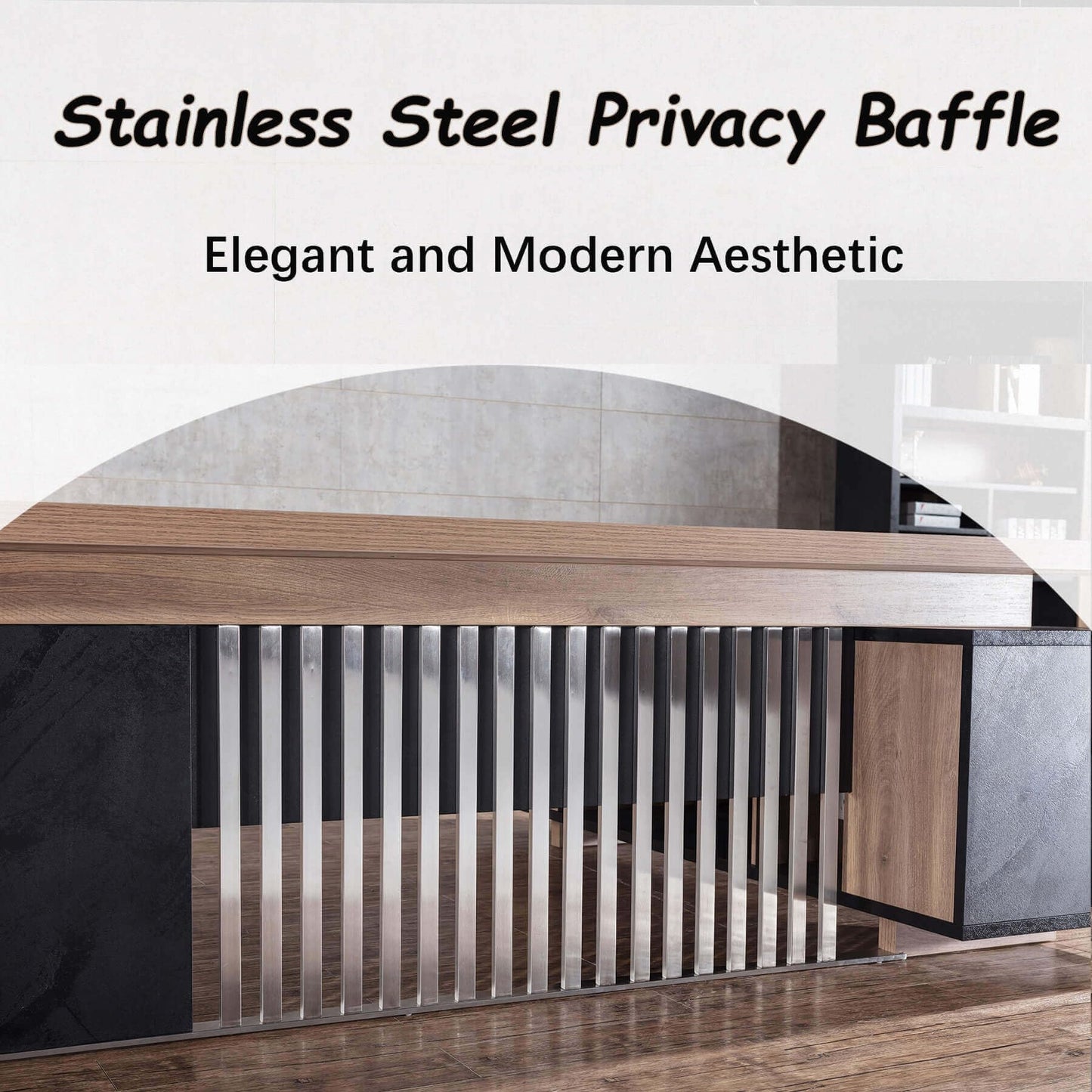 SAINTCY L-Shaped Executive Desk, Industrial Office Desk with Drawer & Cabinet, Large Wood Desktop, Unique Stainless Steel Privacy Screen (Right Return, 70.86")