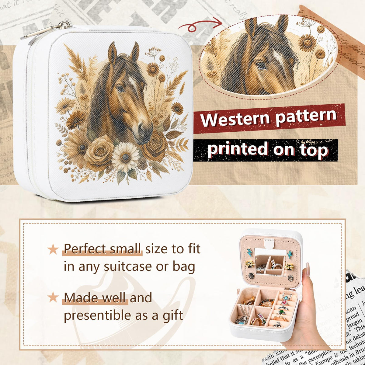 CEELGON Western Jewelry Box Case Gift Horse Print Travel Jewelry Organizer Christmas Gifts for Teen Girls Cowgirl Stuff Small Portable Travel Accessories for Women (Horse)