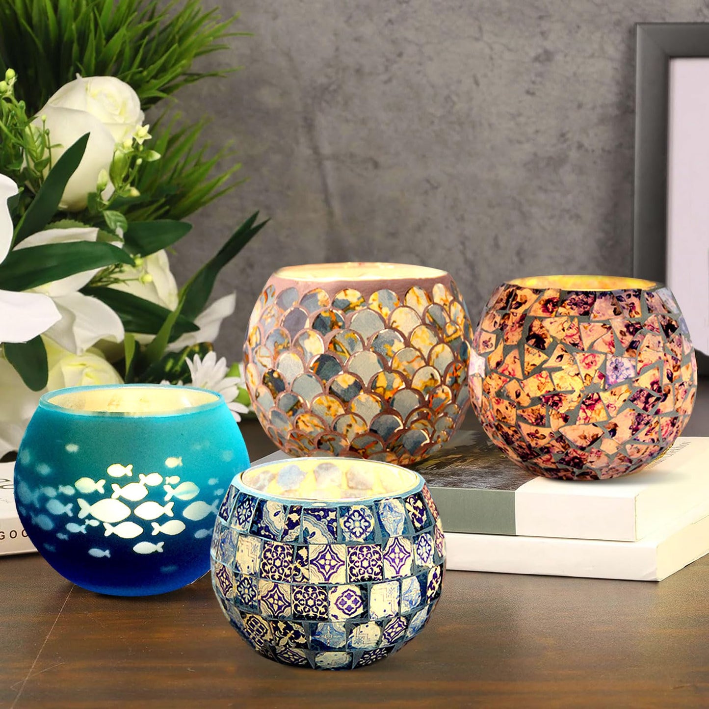 Mosaic Glass Tea Light Holders Romantic Stained Votive Candle Holder, MIATTCLD Round Handmade Tealight Candle Holder for Table Centerpieces, Christmas, Valentine, Birthday Party, Home Decor (M)