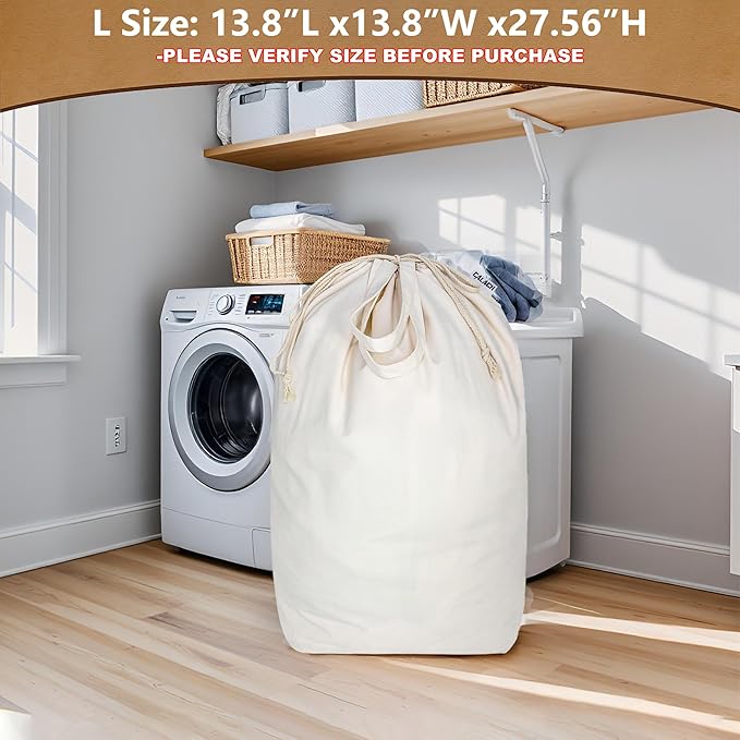 Canvas Laundry Bags with Handles & Square Base 13.8"Lx13.8"Wx27.6"H, Large