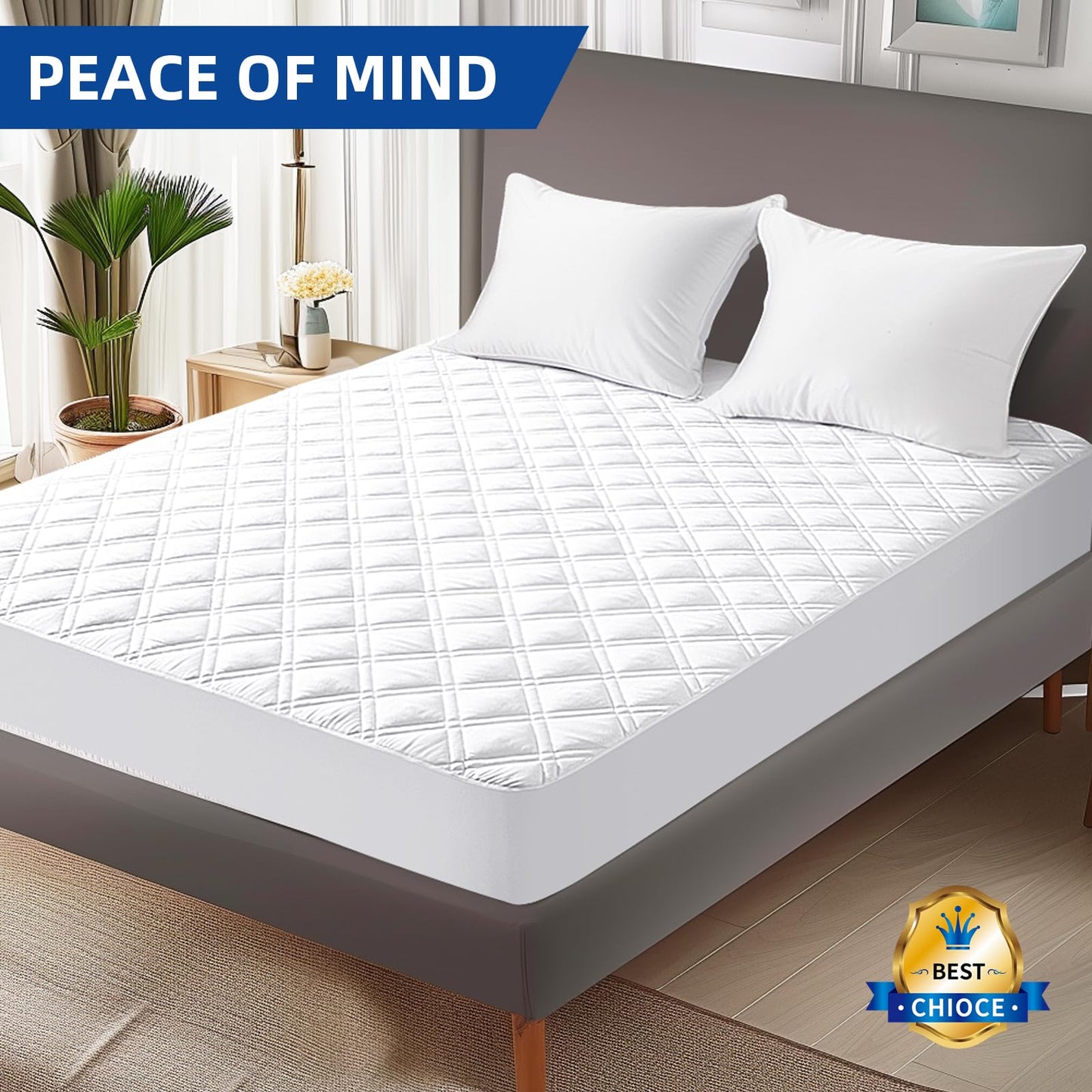 MEELUS Padded Twin Mattress Protector, Breathable Waterproof Mattress Pad Cover Fitted Deep Pocket 8"-21", Soft Noiseless Mattress Cover Washable Cooling for Home Dorm Bedroom, White