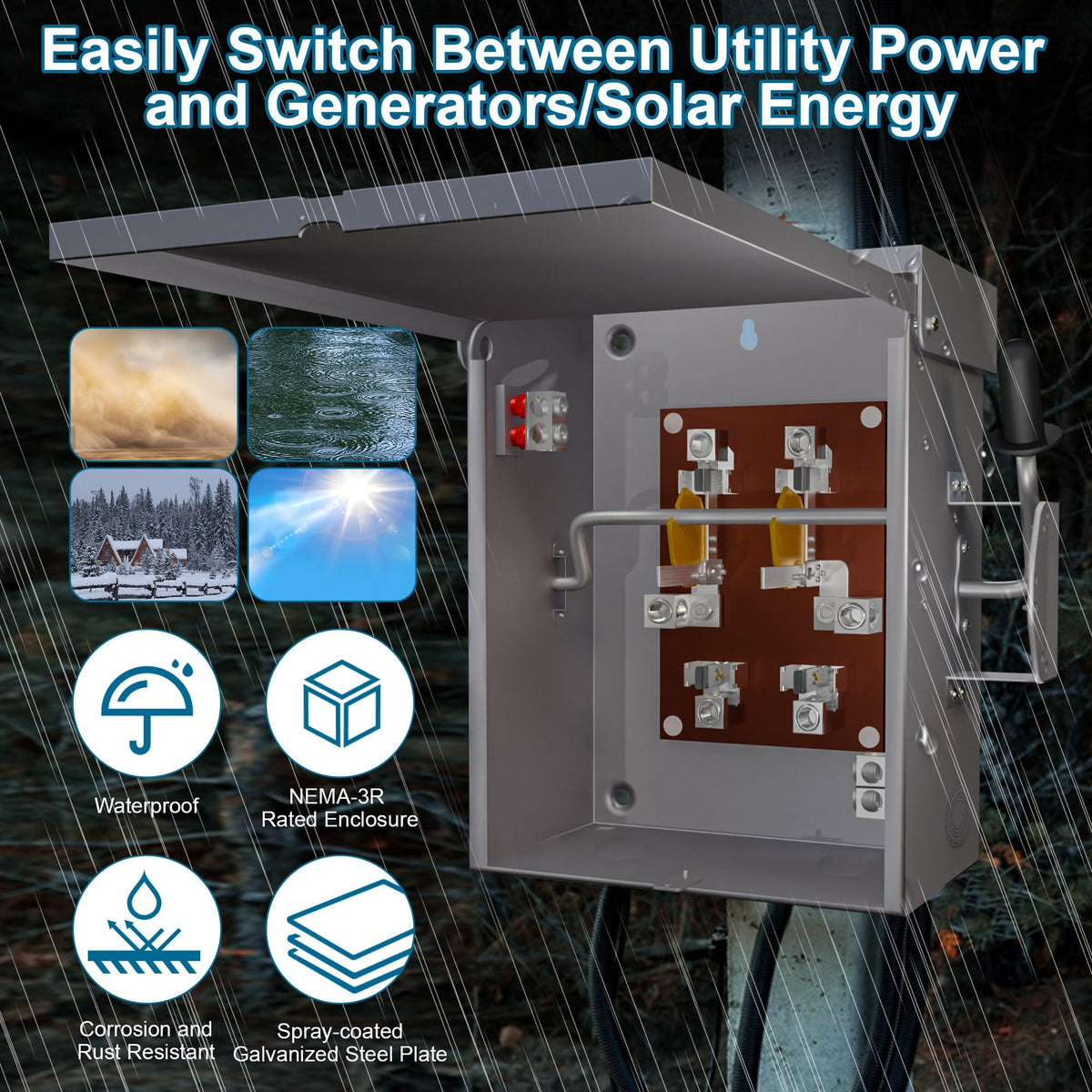 200A 2 Pole Generator Transfer Switch, 120/240V Manual Transfer Switch for Home Generator, 48000W General-Duty Double-Throw Heavy Duty Safety Switches for Indoor and Outdoor