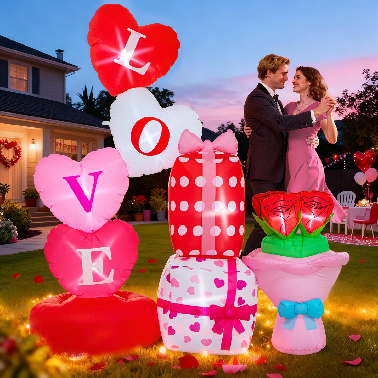 Valentine Inflatables Outdoor Decorations 6 FT Valentine's Day Inflatable Love Gift Box Bouquet Blow Up Decor with LED Lights for Yard,Lawn,Garden Romantic Gifts