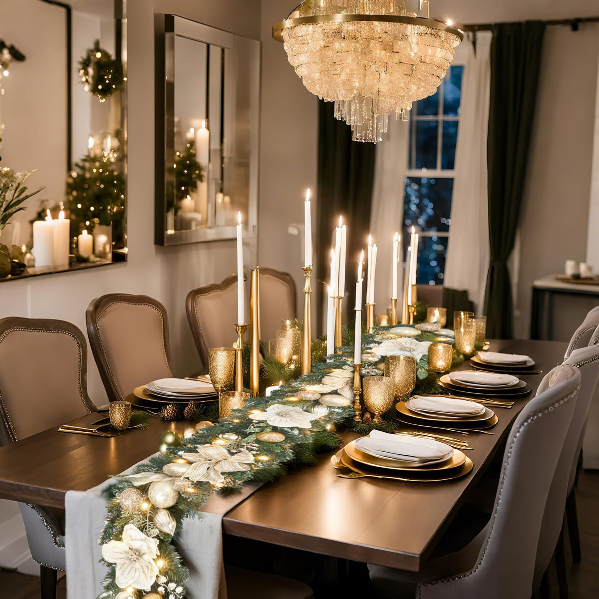6ft White and Gold Christmas Garland with 25 LED Lights with Timer, prelit champgn Gold Garland with Magnolia and Plenty Ornament,Festive Lighted Decor for Front Door, Mantel, Stair & Fireplace