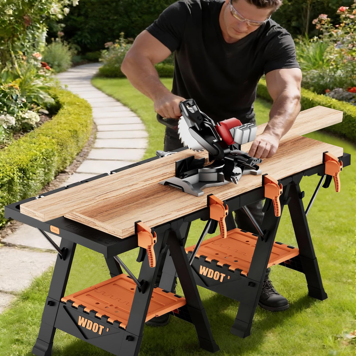 WDOT Work Bench Table 2 in 1 Portable Folding Workbench for Garage Sawhorse 500lbs Mobile Work Table 31" W x 25" D x 32" H with 2 Clamps & 6 Bench Dogs