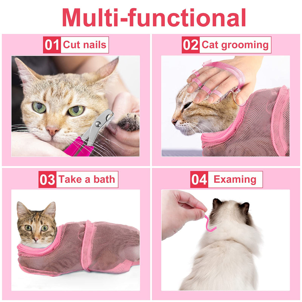 Patelai 5 Pcs Cat Bathing Bag Set Cat Grooming Bag Adjustable Pet Shower Net Muzzles Nail Clipper Tick Remover Tool Massage Brush(Pink)
