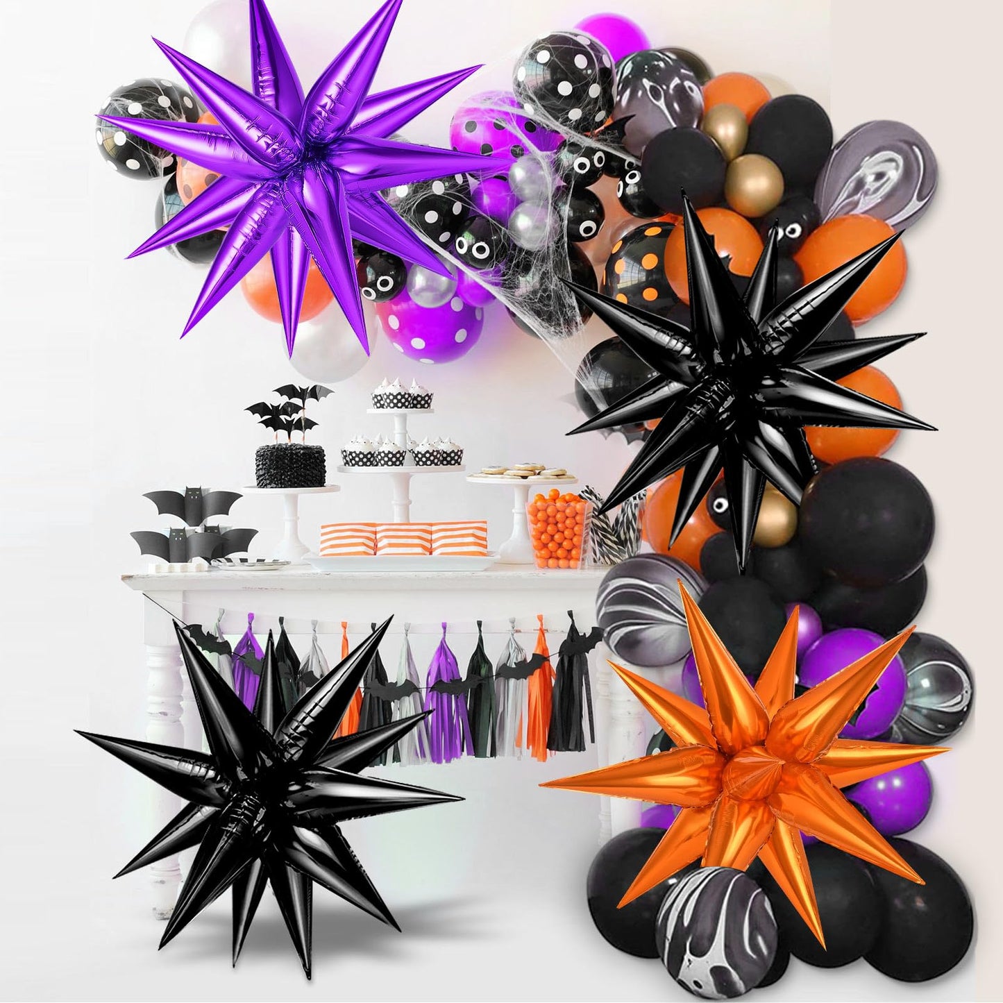 Purple and Black Orange Star Balloons, 72PCS Large 26 Inch Halloween Foil Balloon, Metallic Cone Mylar Spike Balloons Firework Balloon for Halloween Xmas Birthday Photo Props