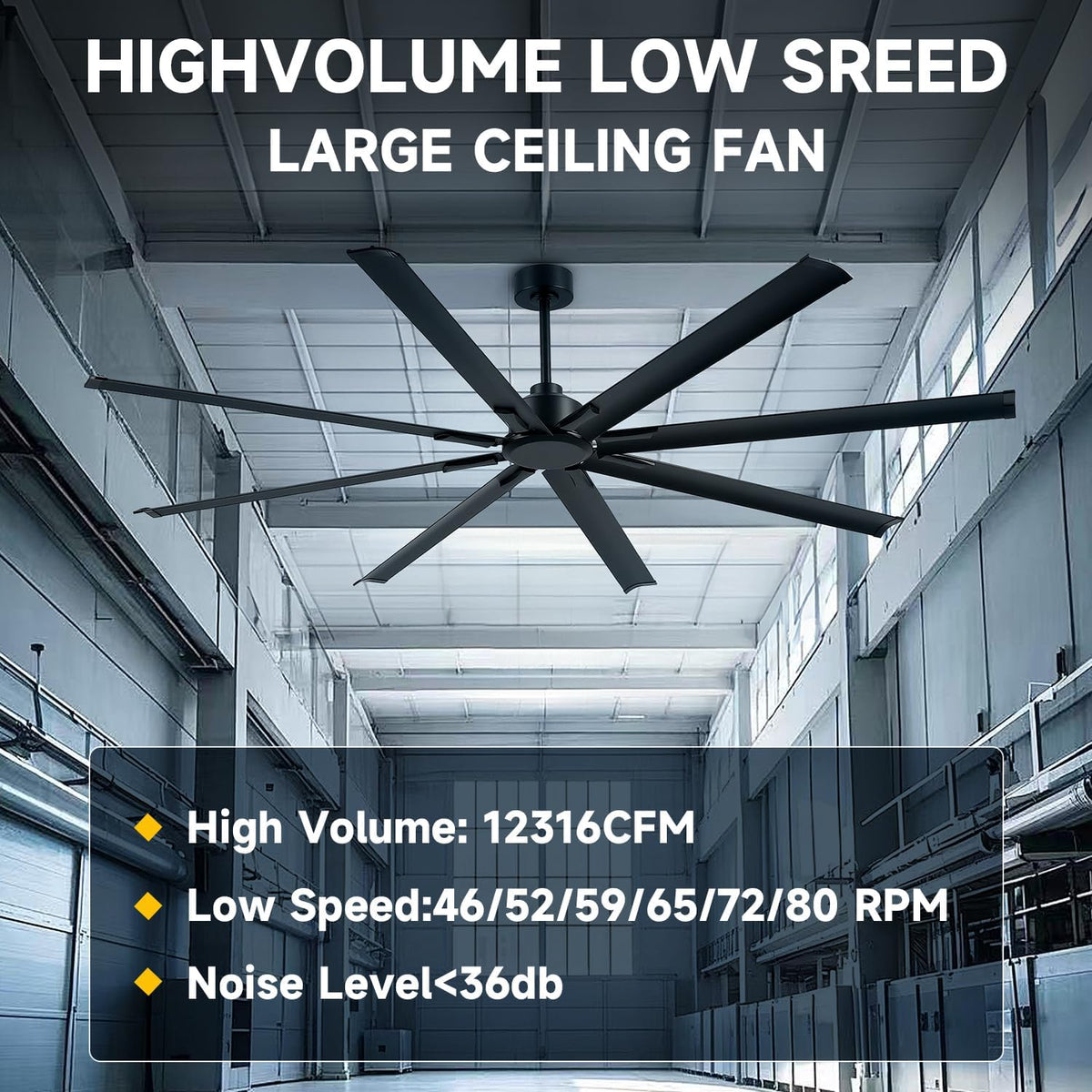 ZOEYON 96 Inch Industrial Ceiling Fan - Large Ceiling Fan with DC Motor, 3 Downrods, 6-Speed Remote Control, 8 Reversible Aluminum Blades, Black Commercial Ceiling Fans for Shop/Gym/Warehouse/Garage