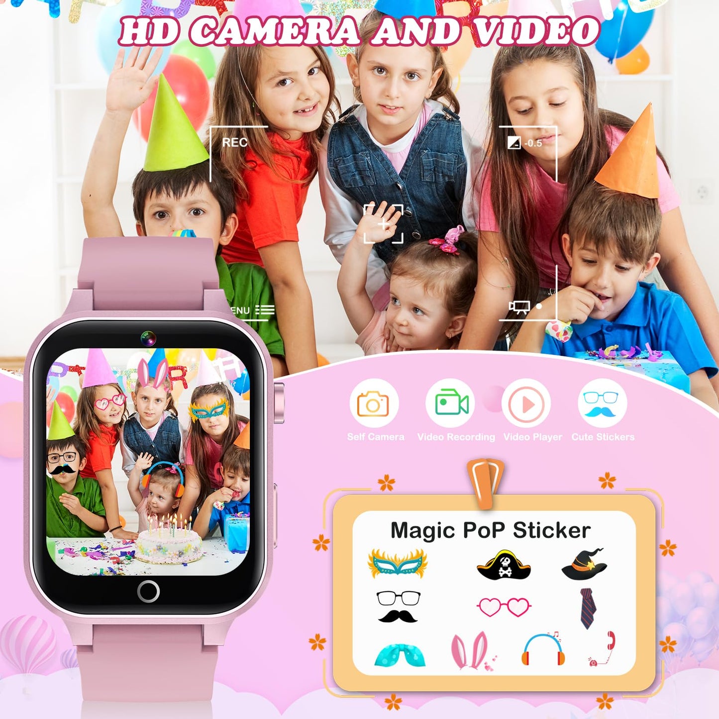 ST-CARE Kids Smart Watch with Camera, Video, Music Player, Alarm Clock, Stopwatch, Calendar, Pedometer, 1.54'' HD Touchscreen, Shockproof, IP68 Waterproof for Girls Boys 6-12 Years Old (Pink)