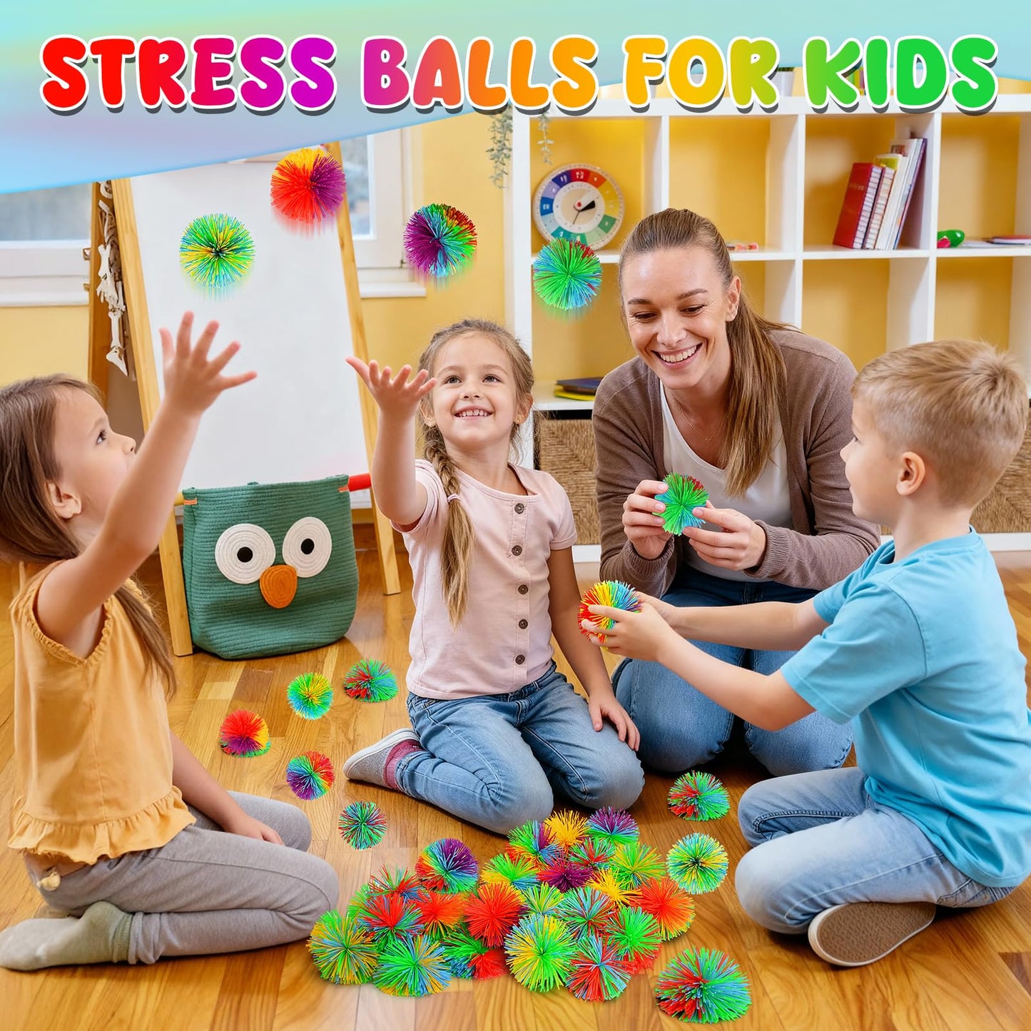 SHQDD 14 PCS Stringy Balls, Sensory Stringy Ball, 2.75 inch Soft Rainbow Pom Bouncy, Basket Stuffers Fillers, Monkey Pom Balls Fidget Toys Stress Ball, Party Favors Birthday Gifts (Multi-Color)