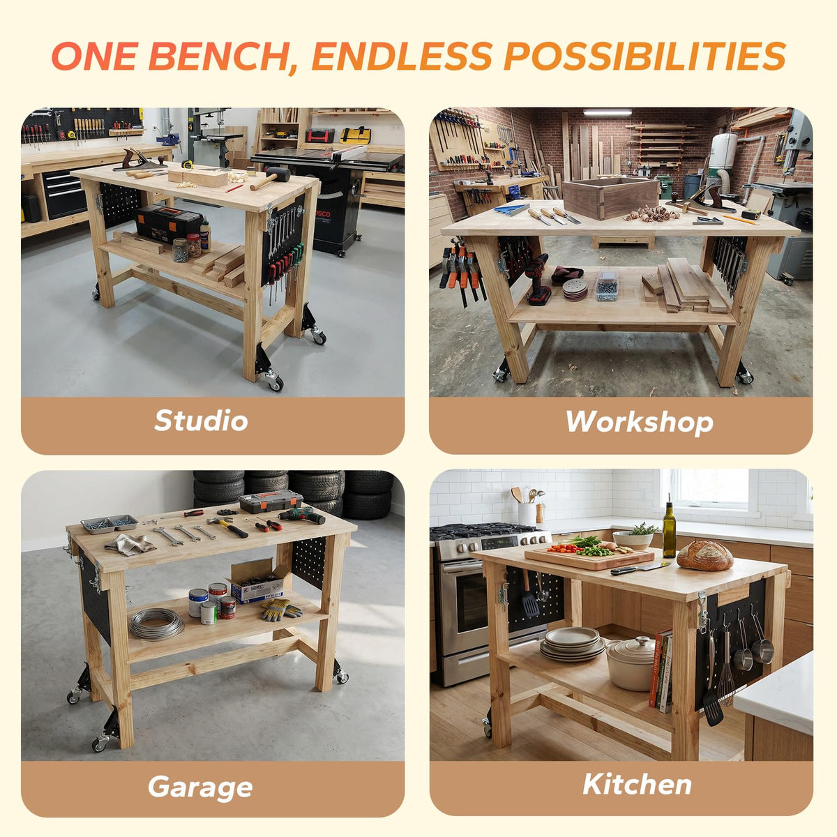 60" Heavy Duty Foldable Workbench with Transformable Wheels and Tool Storage Shelf, Max Load 2500 LBS, Rubber Wood Work Bench for Garage, Woodworking Table with Pegboard