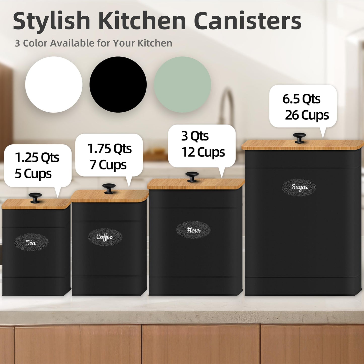 Canisters Sets for the Kitchen Set of 4, Metal Sugar Flour Coffee Storage Containers for Countertop with Airtight Lids, Customizable Chalkboard Labels & Marker Pen, Storage Jars Canisters - Black
