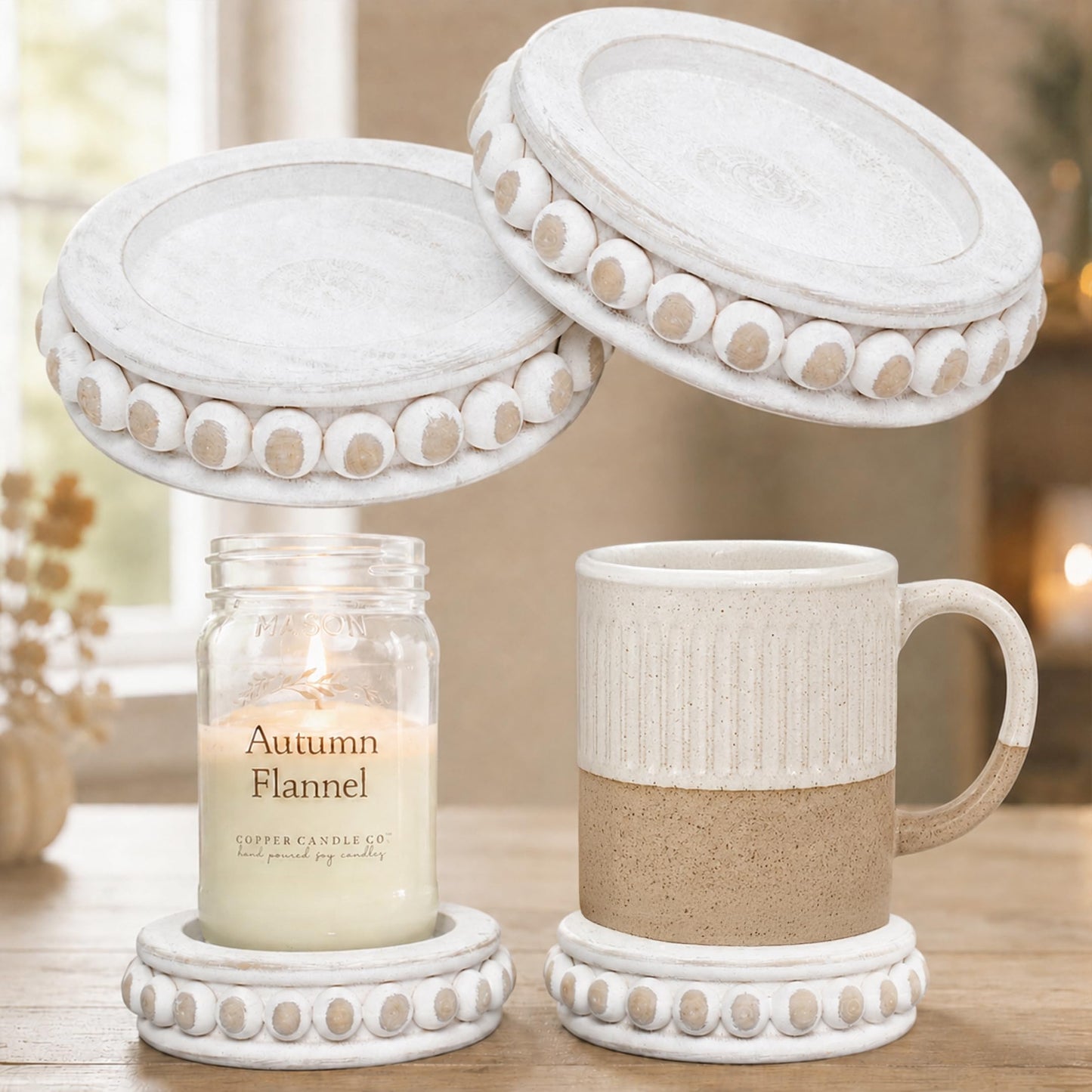 Felt Creative Home Goods Set of 2 Round Rustic Wood Beaded Risers - Sturdy 2-Sided Stackable Decor Pedestal Stands for Tiered Tray, Candle, Mug Display (Rustic White, 5 inch)