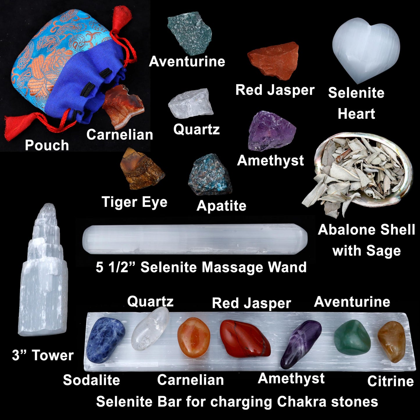 Dancing Bear Healing Crystals Chakra Balancing & Selenite Set, 14 Stones: 7 Tumbled and 7 Rough, Selenite: Tower, Wand, Heart, Charging Plate, Abalone Shell with Sage, 2 Bags, Assembled in The USA