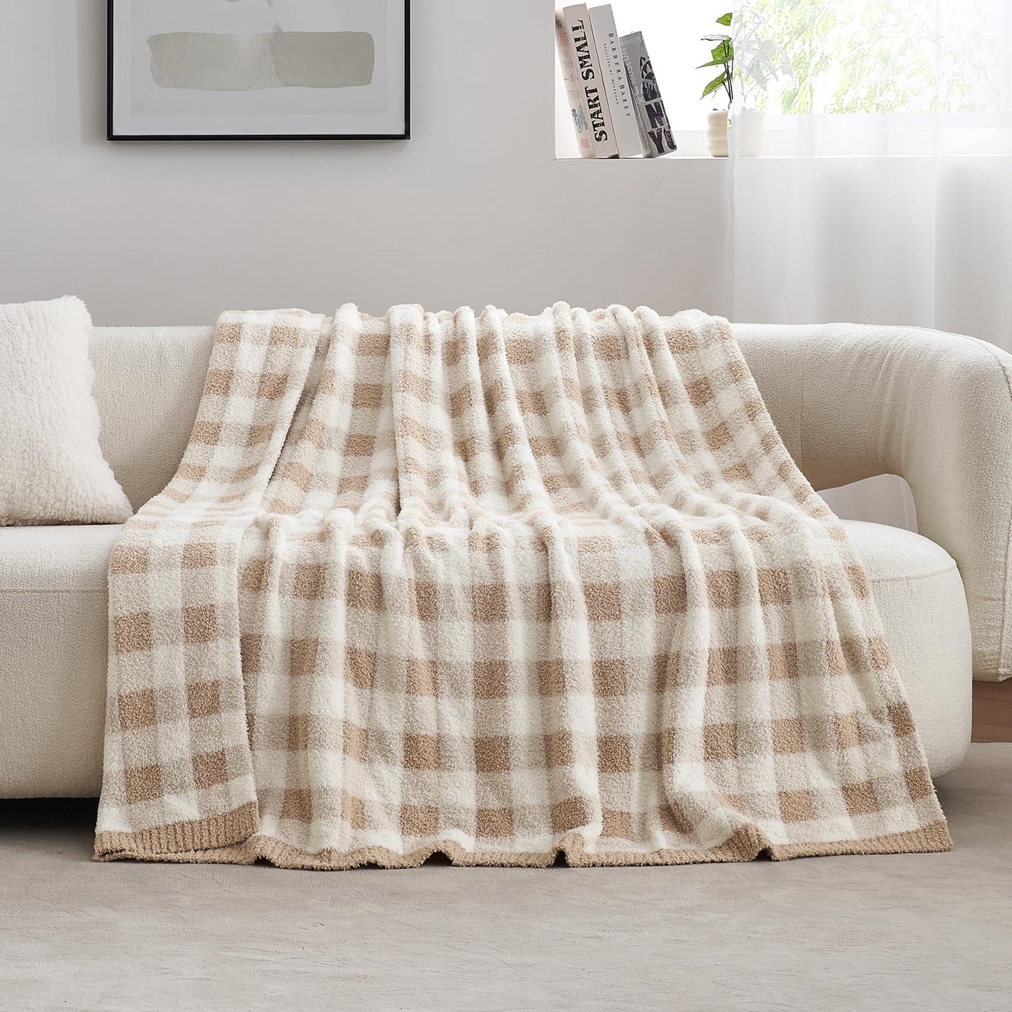 Snuggle Sac Checkered Throw Blanket for Couch, Super Soft Cozy Warm Knit Netural Decorative Fluffy Blankets, Reversible Buffalo Plaid Microfiber Throws for Sofa Bed, Plaid Beige, 50x60 Inches