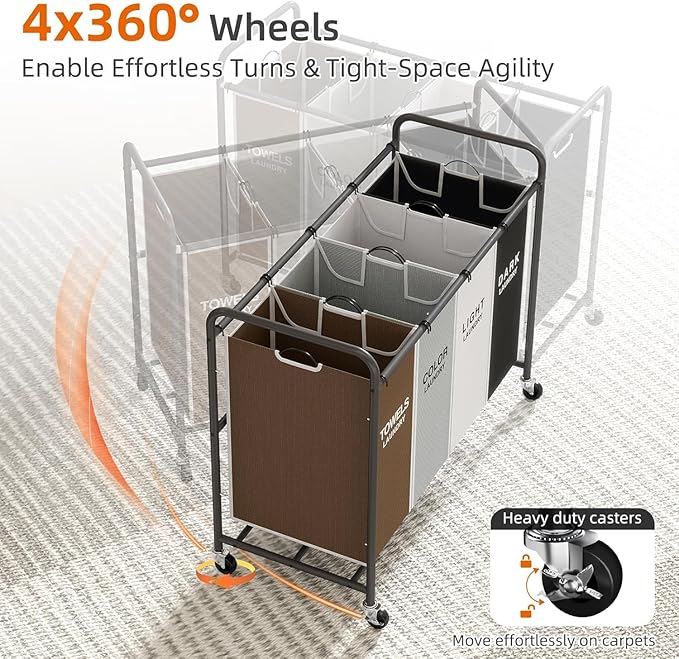 ROMOON Laundry Hamper Sorter Cart: 4-Section Organizer
