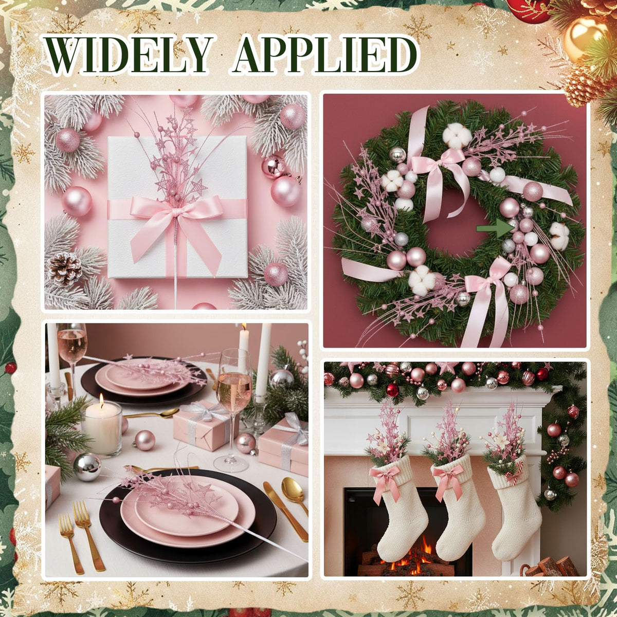 Simgoing 24 Pcs Artificial Christmas Berry Stem Picks Star Picks Faux Floral Berry Spray Branches Christmas Table Centerpiece Home Office Vase Filler Decoration (Pink)