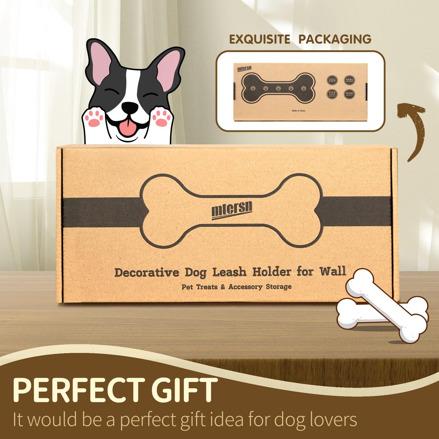 MTERSN Farmhouse Dog Leash Holder for Wall – Dog Stuff Organizer and Dogs Bone Key Holder Wall Mount with 3D Puppy Paw Hooks - Cute Stuff for Pet Lover Gifts (Acacia Wood)