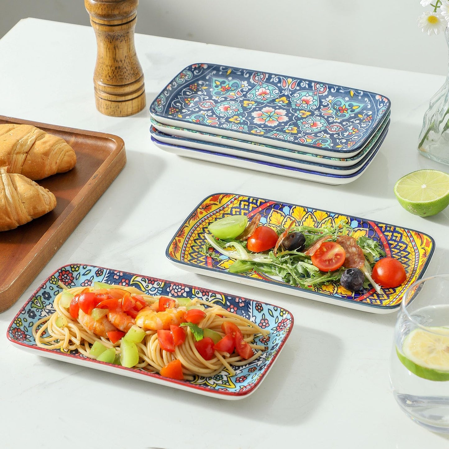 glowworm Porcelain Appetizer Plates Set of 6, 8.5 Inch Salad Plates for Sushi, Dessert, Rectangular Serving Platters, Serving Tray for Party, Kitchen, Microwave & Oven Safe, Bohemian