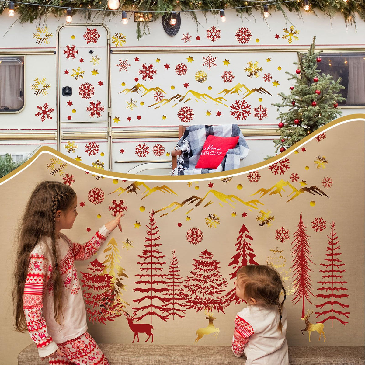 Teling 8 Pieces Winter Snowflake Wall Decals Stickers Dreamy Nursery Forest Woodland Trees Deer Pine Tree Wall Decals for Kids Room Winter Decor(Red, Gold)