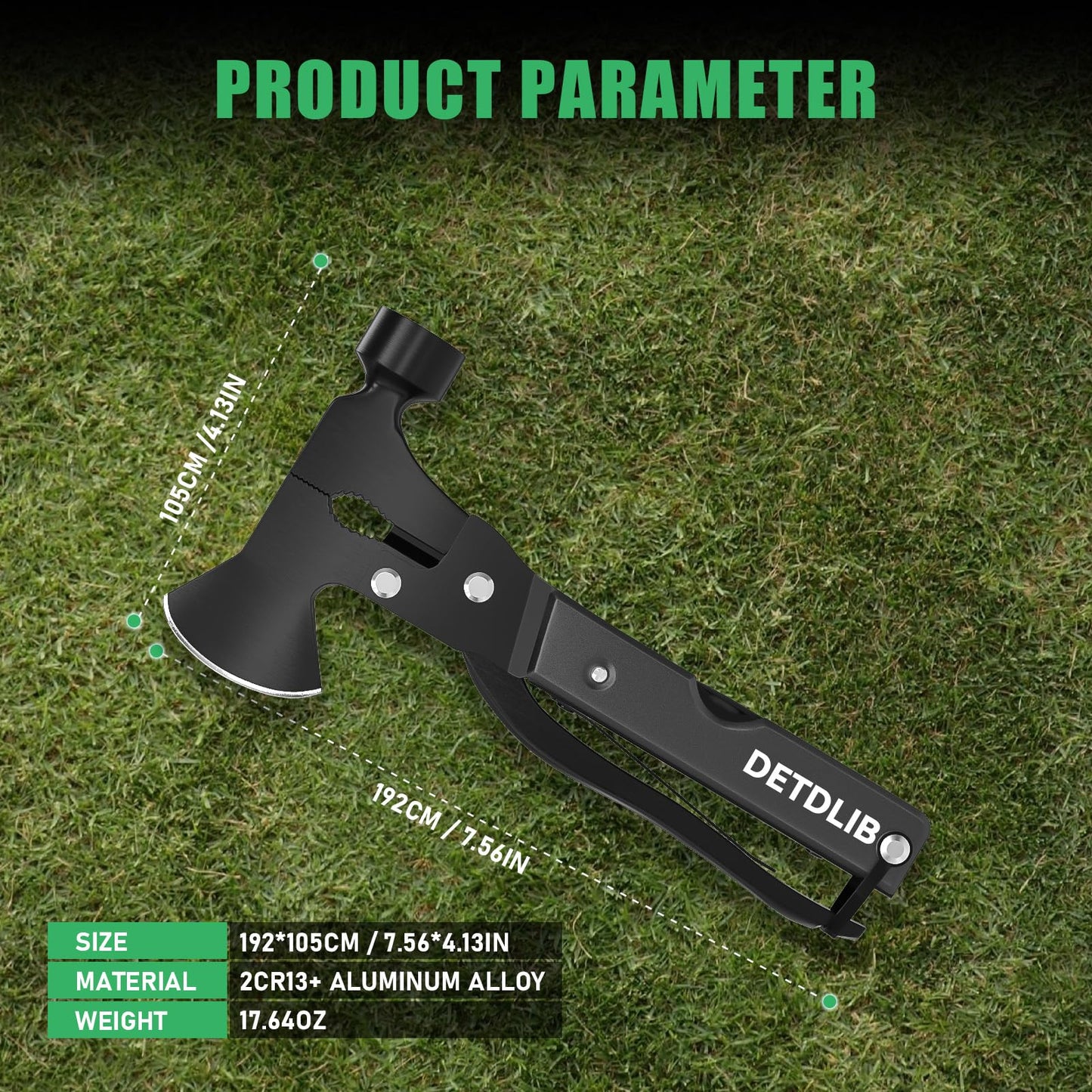 DETDLIB 15-in-1 Multitool Axe Hatchet, Birthday Gifts for Men, Essential for Camping, Hiking, Cool Gadget, Gifts for Men. Women, Dad, Him, Husband, Father, Mechanic, Boyfriend, Black