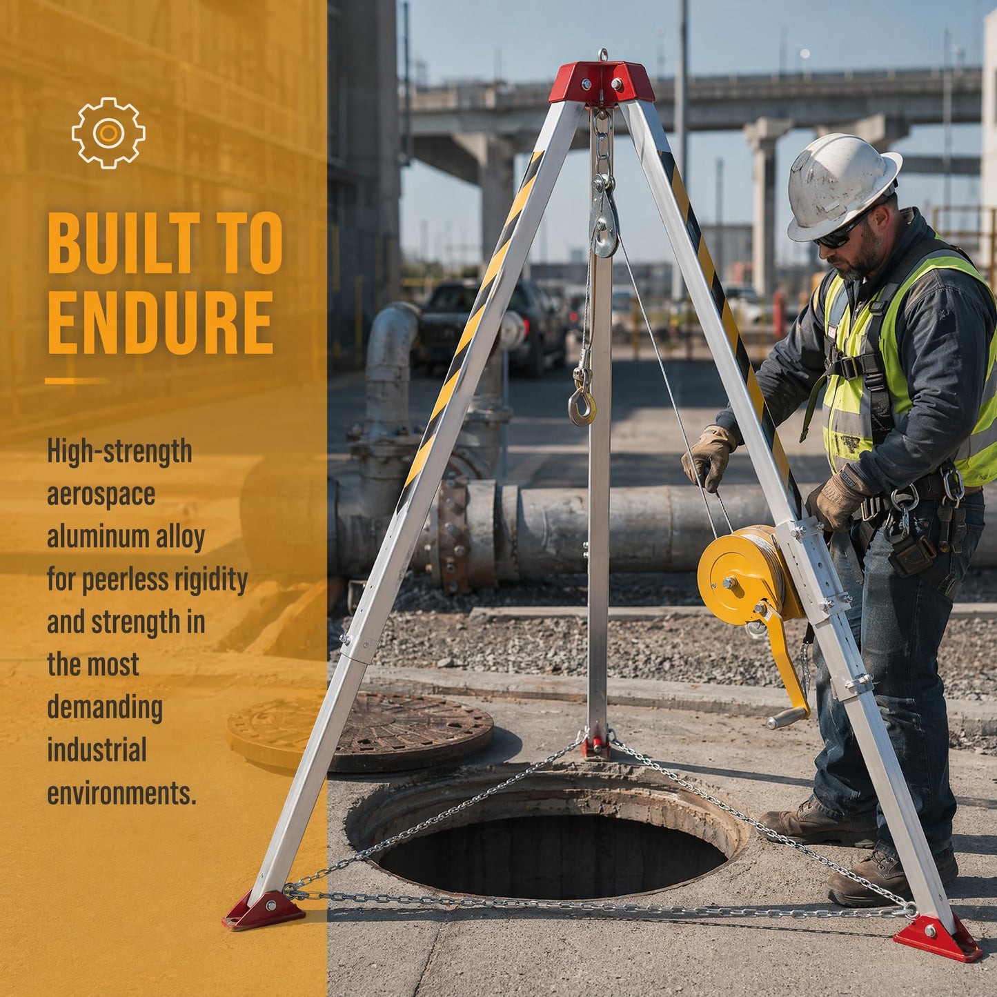 Fall Protection Equipment 1800lbs Confined Space Tripod Kit 98.43ft Steel Wire Rope Lifting Winch Adjustable Height 4.40-7.1FT Rescue Tripod System Aluminium Safety Device