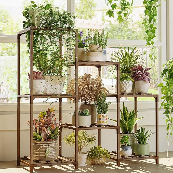 Bamworld Plant Stand Indoor Plant Shelf Outdoor Wood Plant Rack for Multiple Plants 3 Tiers Ladder Plant Holder for Living Room Patio Boho Home Decor for Gardening