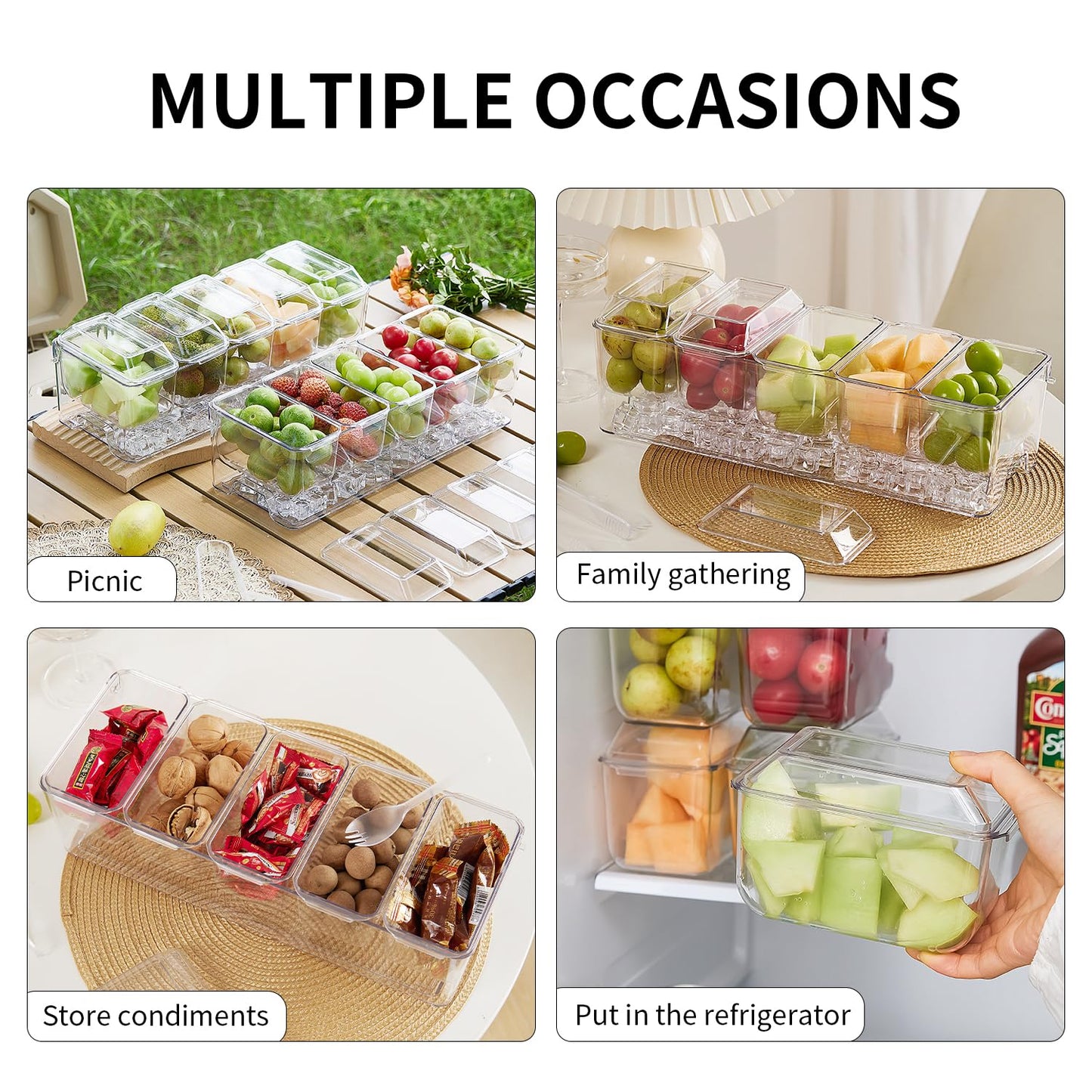 Chilled Condiment Server,Taco Bar Serving Set for Party,15.3" Condiment Serving Platters with 5 Separate Lids and Removable Compartments, Set of 5 Serving Spoons & 2 Clips (5 Containers, 1 pack)
